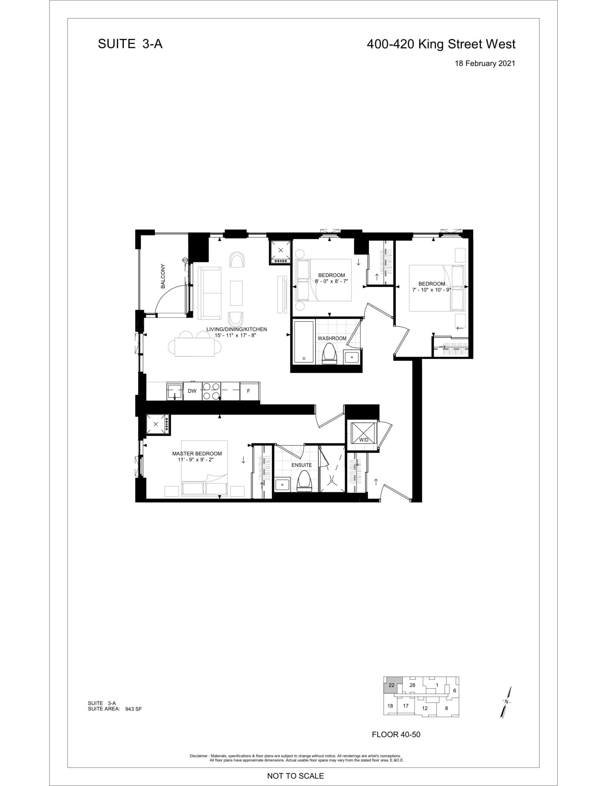 Suite 3-A Floor Plan at 400 King West Condos - 943 sq.ft