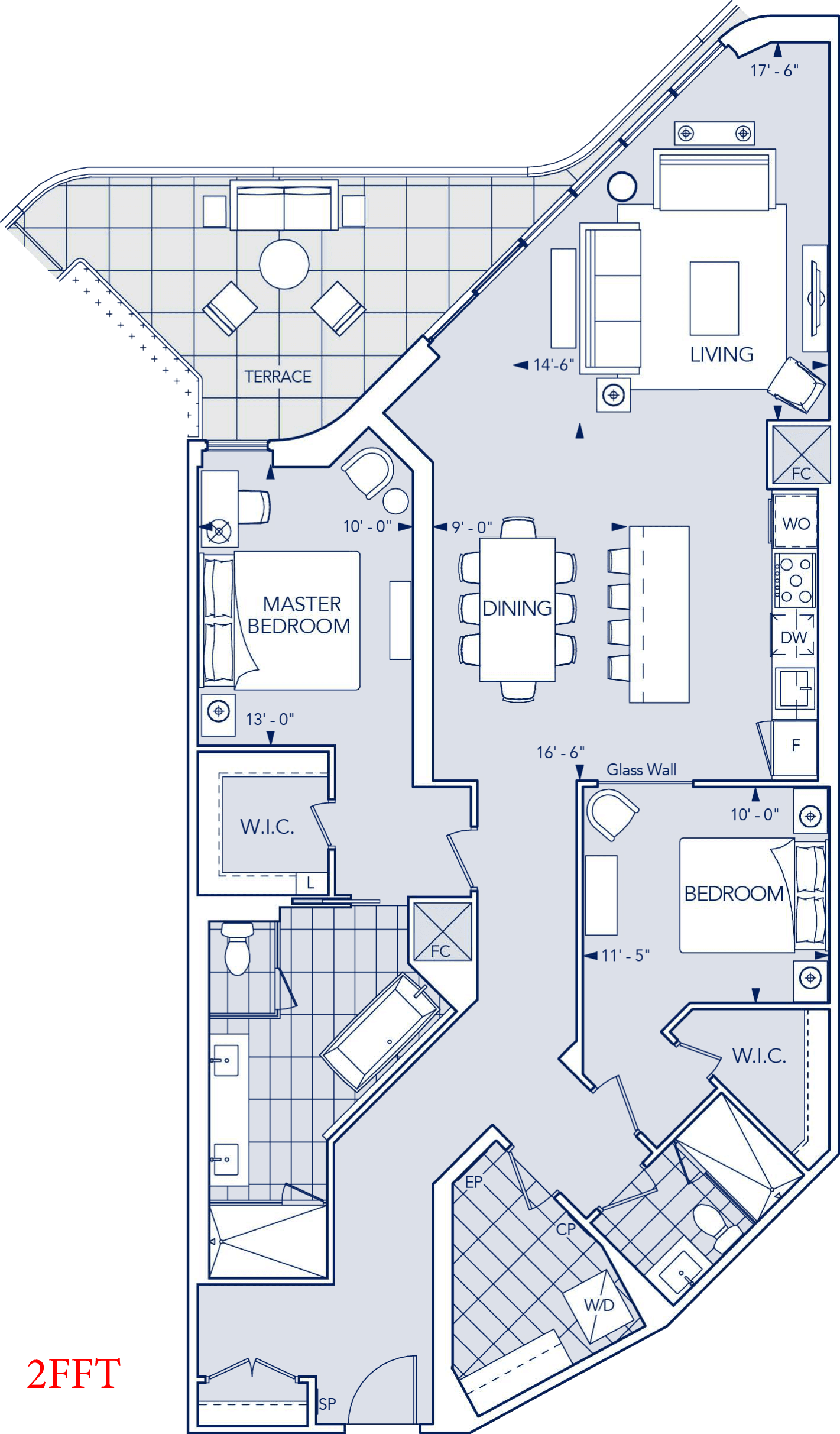 2FFT (Suite 418) Floor Plan at Aqualuna at Bayside Condos - 1600 sq.ft