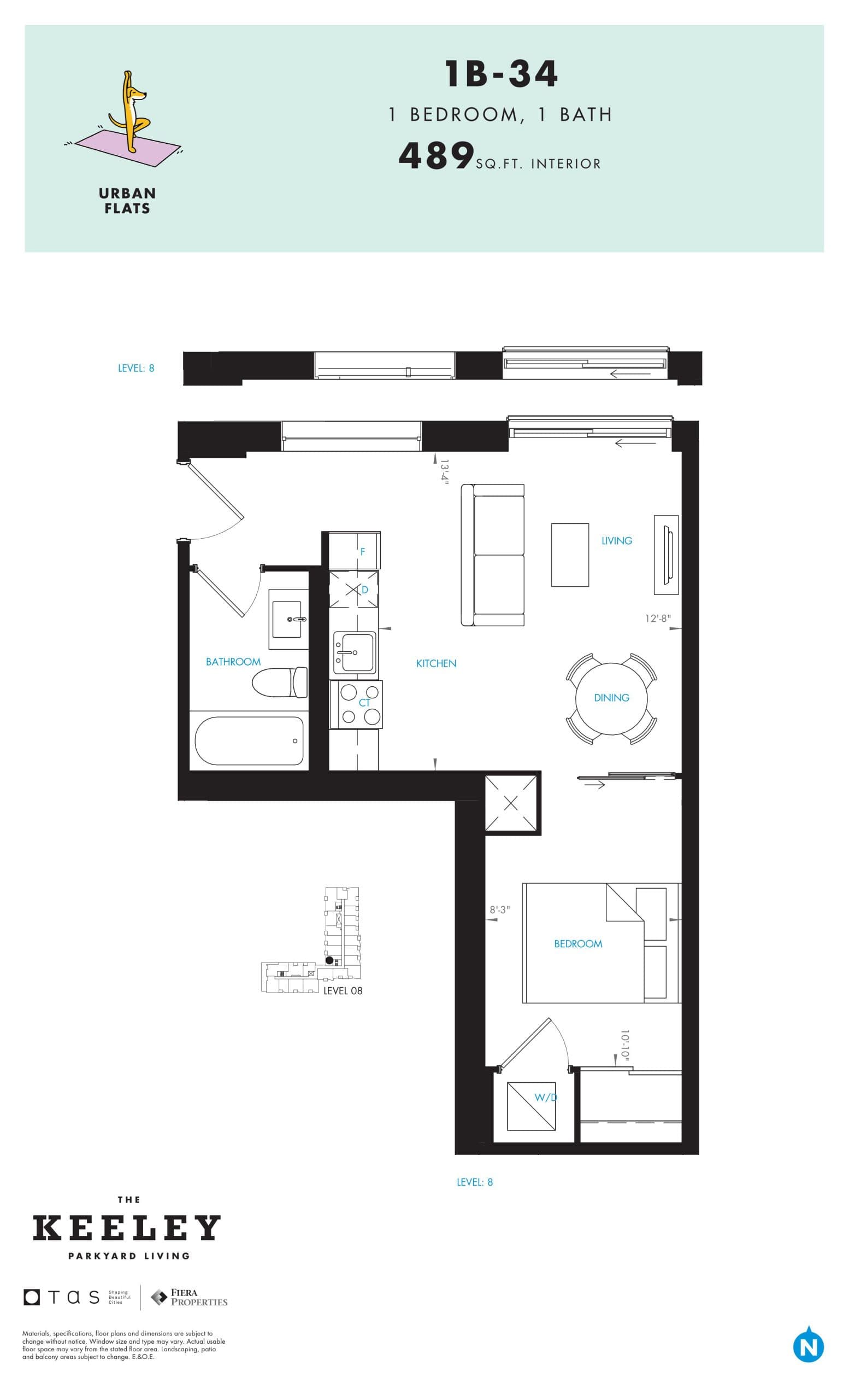 1B-34 Floor Plan at The Keeley Condos - 489 sq.ft