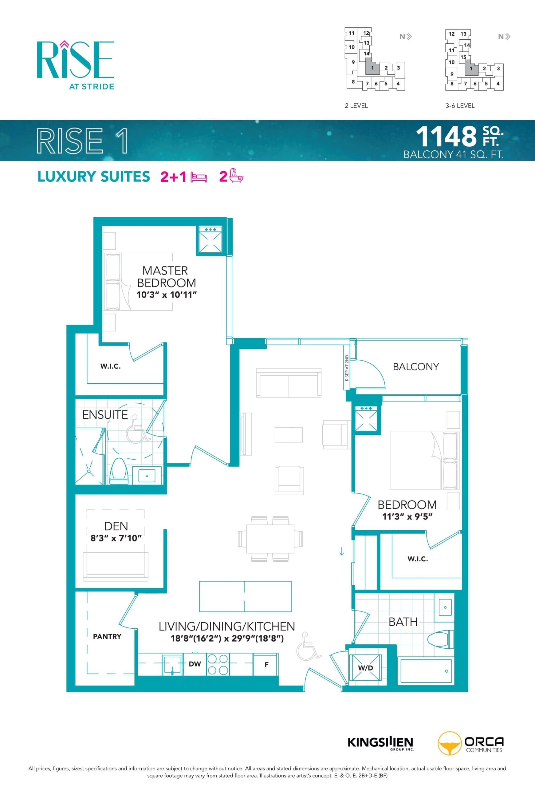 Rise 1 Floor Plan at Rise at Stride Condos - 1148 sq.ft