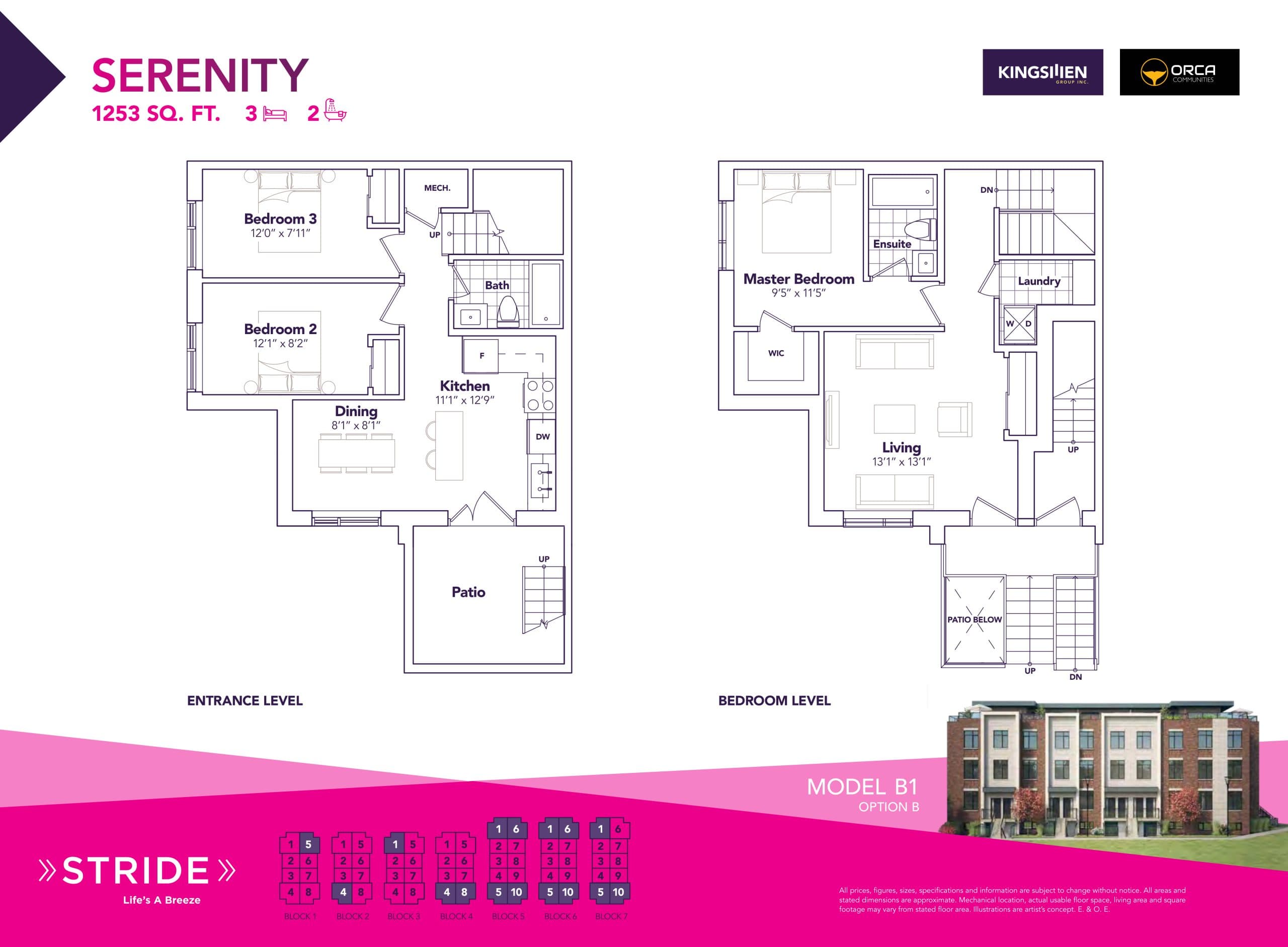 Serenity B1 (Option B) Floor Plan at Stride Condos & Towns - 1253 sq.ft
