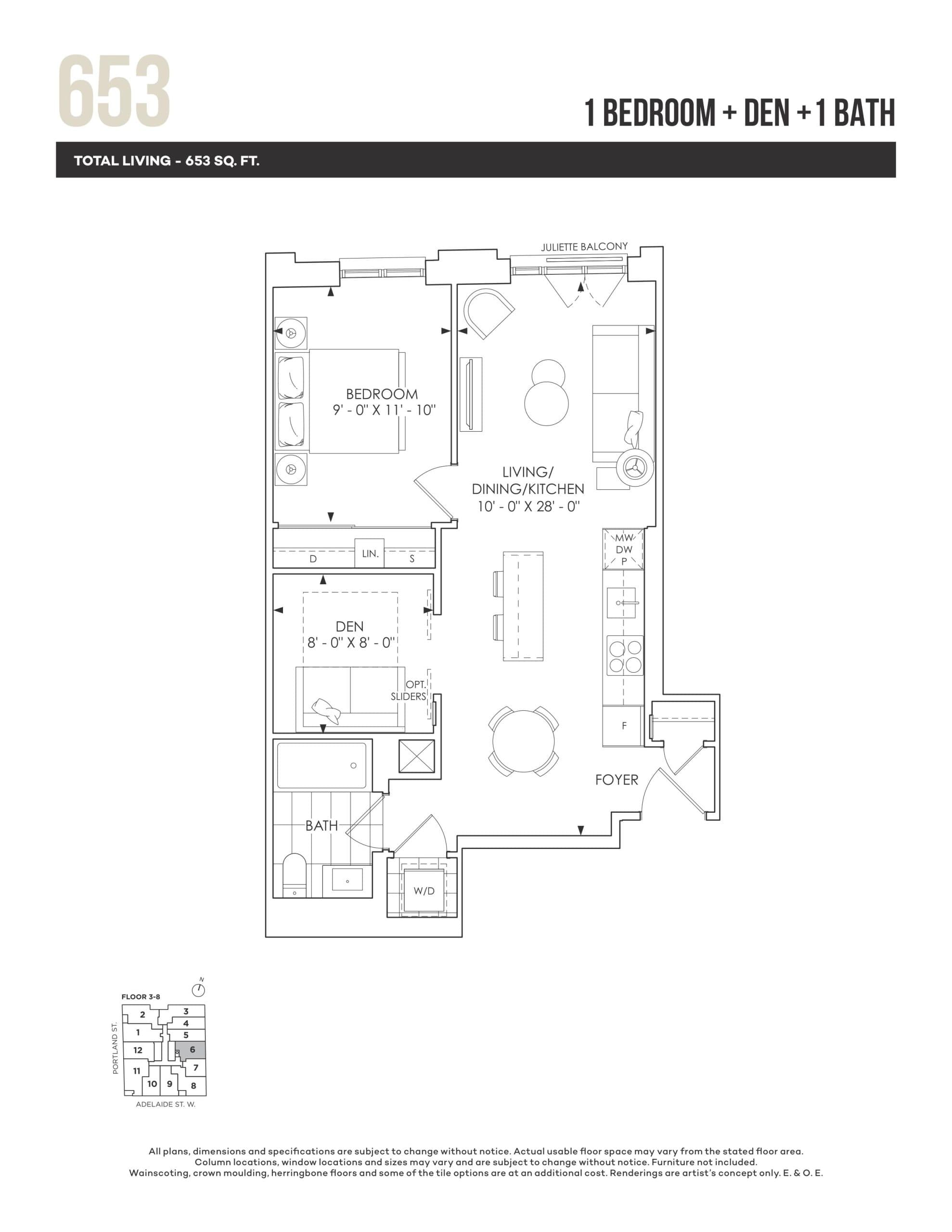 653 sq.ft. Floor Plan at 123 Portland Condos - 653 sq.ft