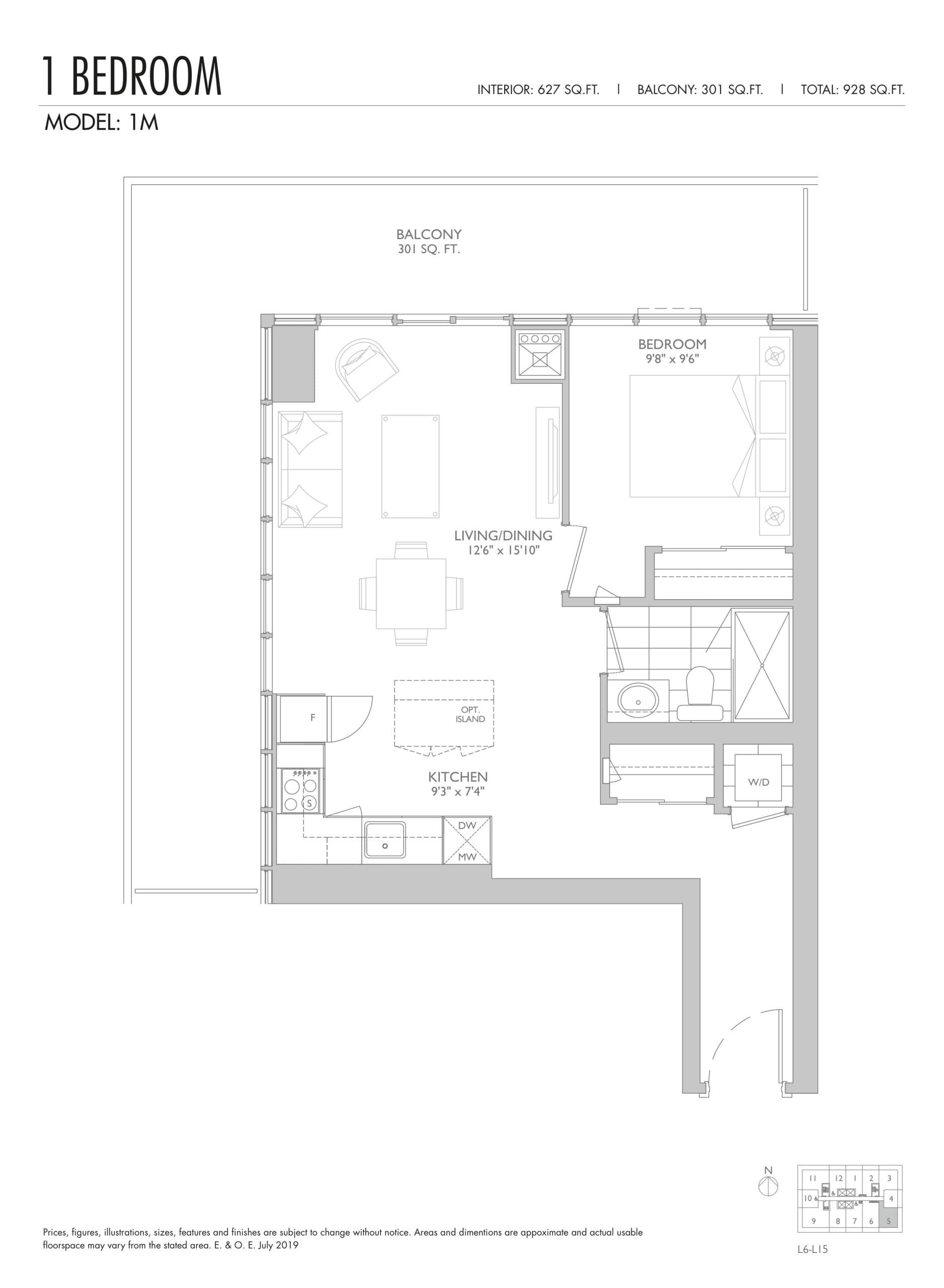 1M Floor Plan at Sixty Five Broadway Condos - 627 sq.ft