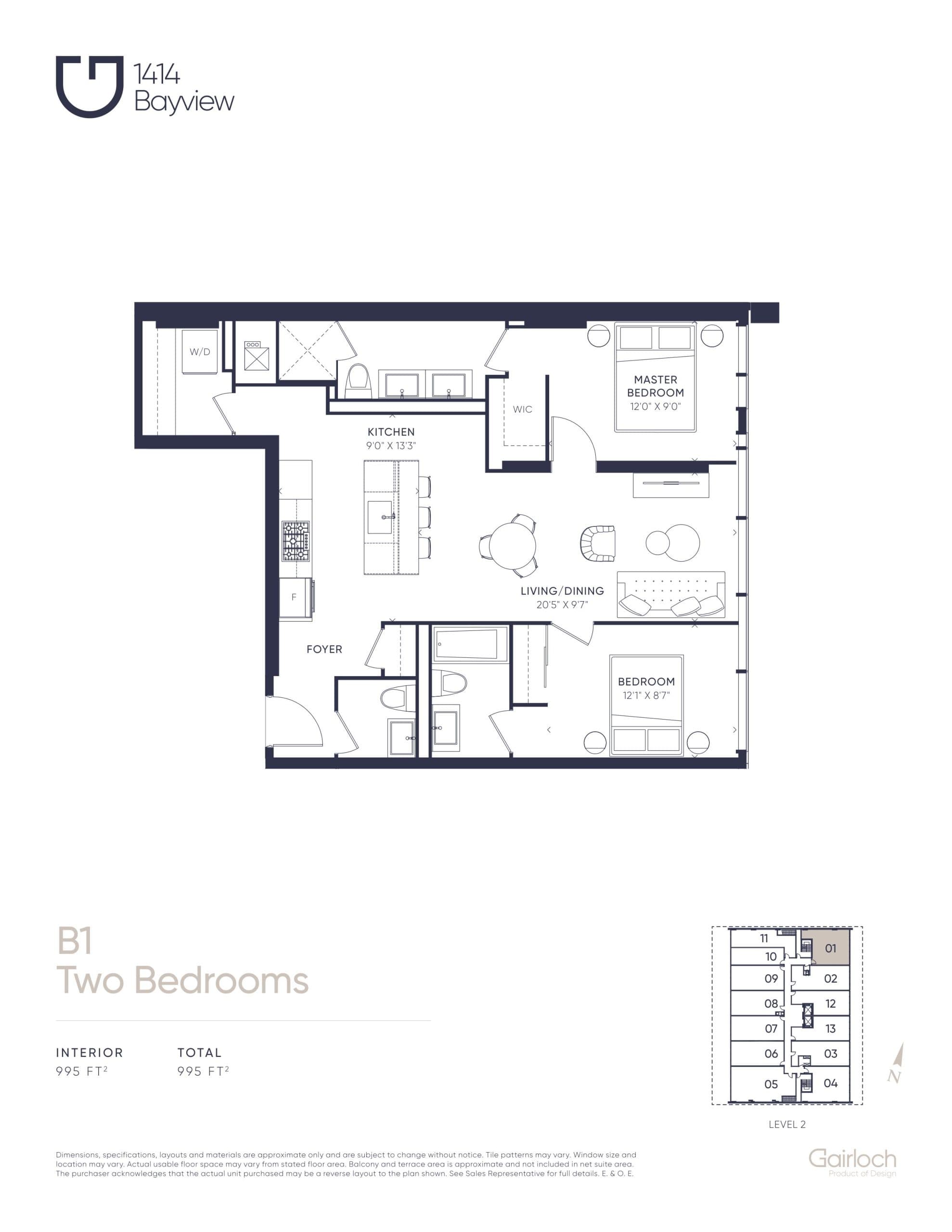 B1 Floor Plan at 1414 Bayview Condos - 995 sq.ft