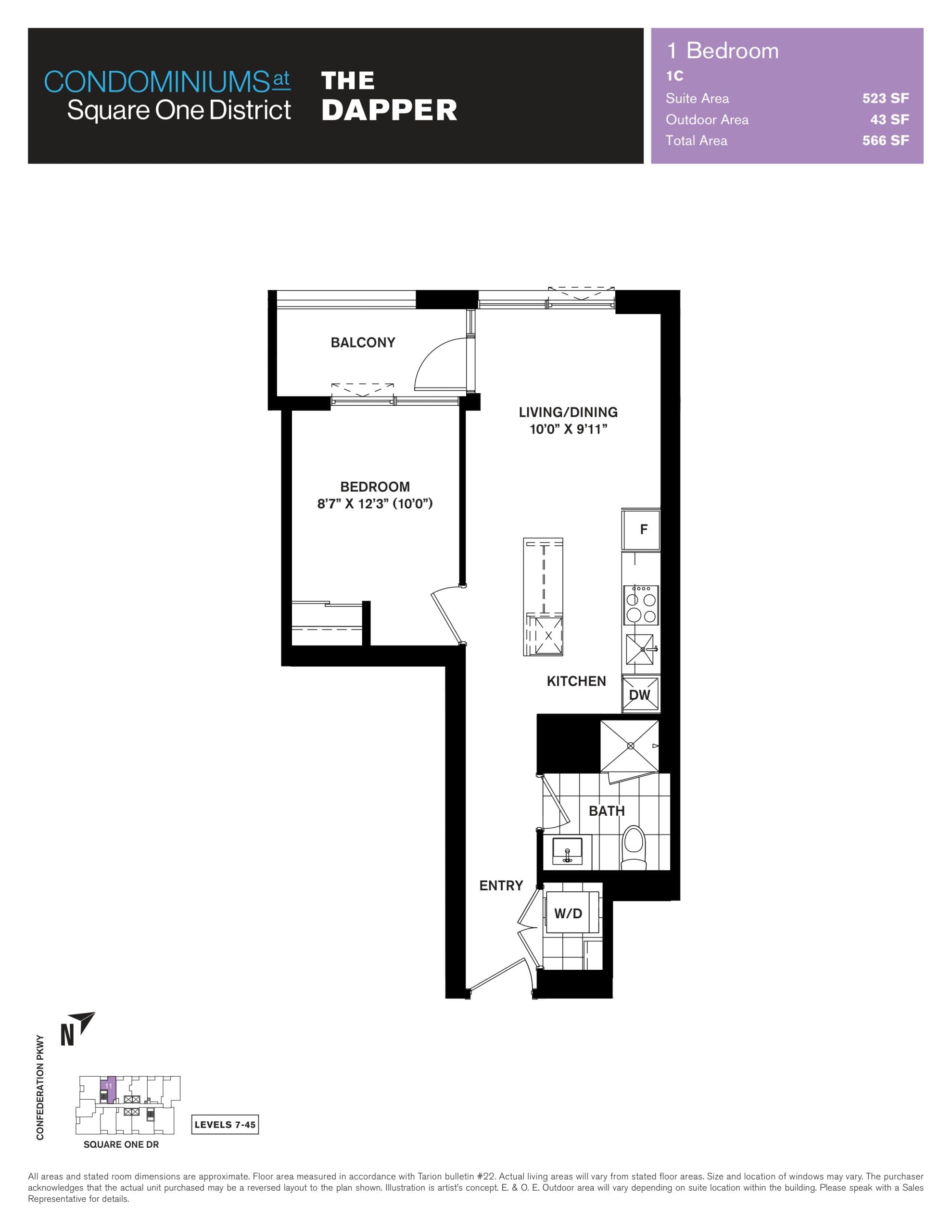 The Dapper Floor Plan at Condominiums at Square One District - 523 sq.ft