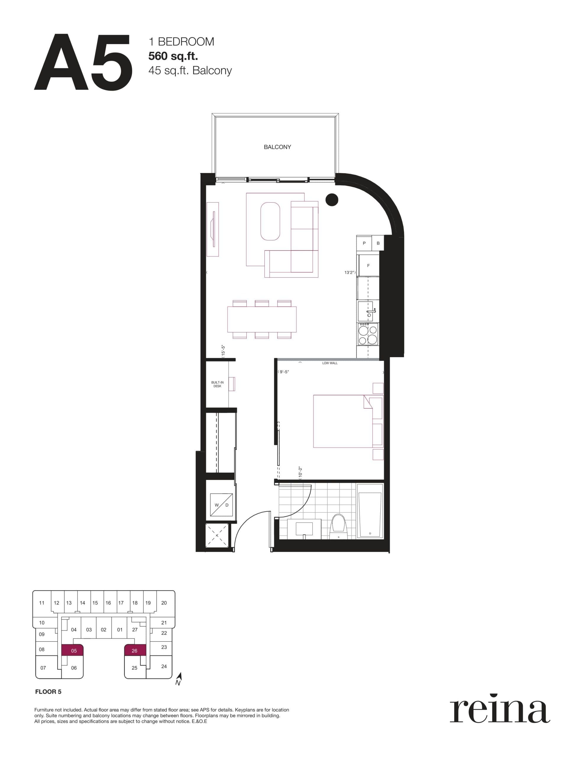 A5 Floor Plan at Reina Condos - 560 sq.ft
