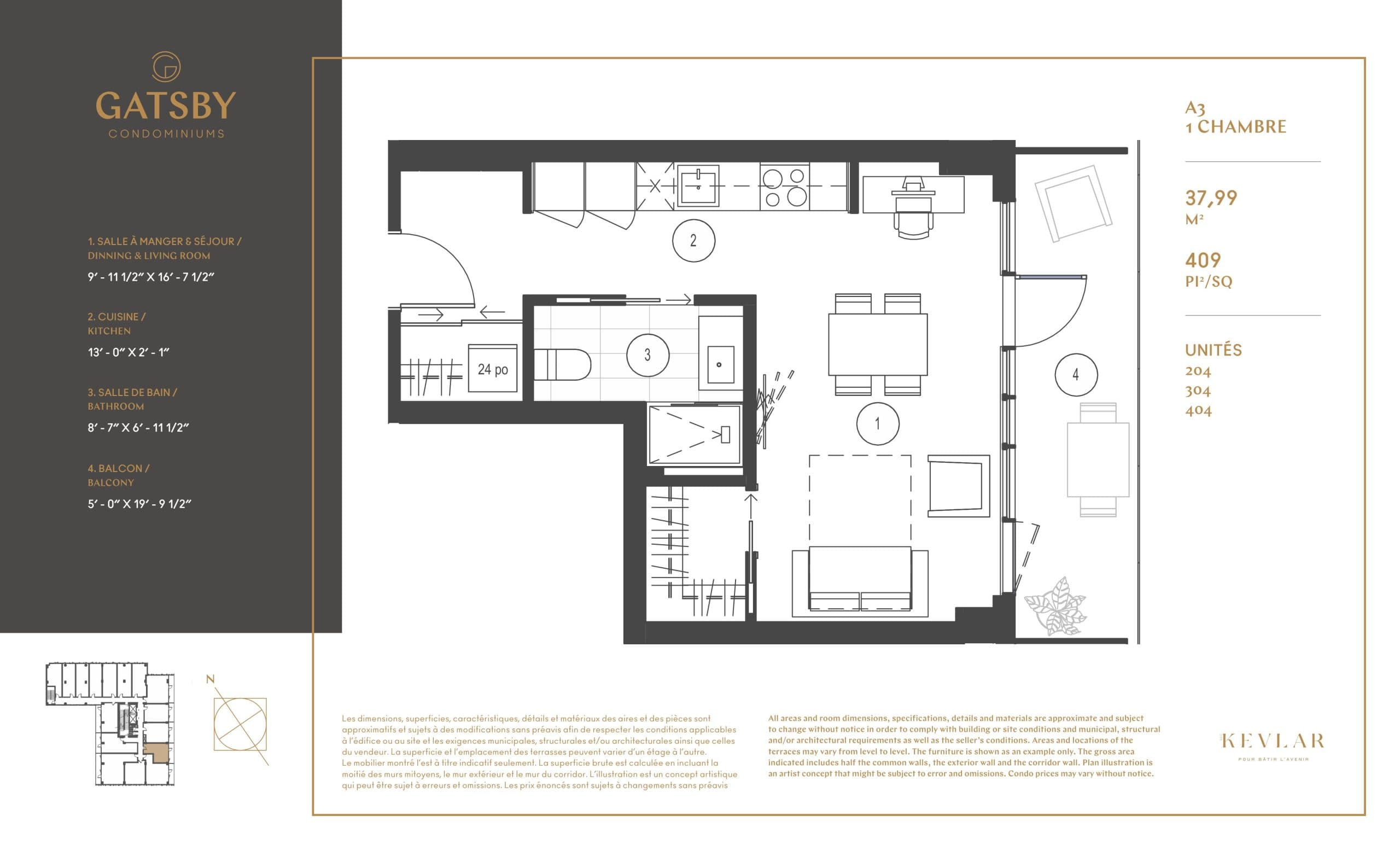 A3 Floor Plan at Gatsby Condos - 409 sq.ft