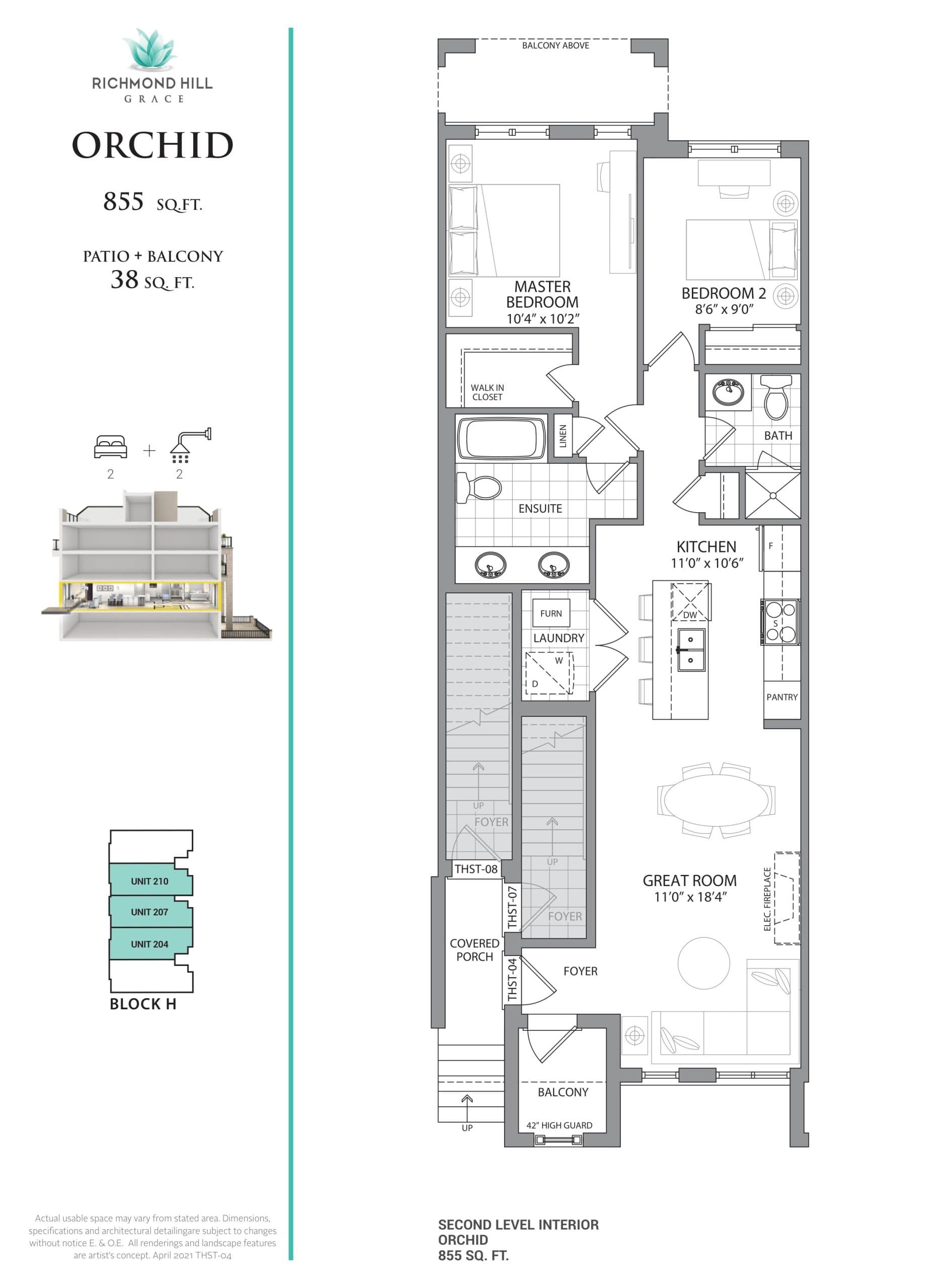 Orchid Floor Plan at Richmond Hill Grace Towns - 855 sq.ft