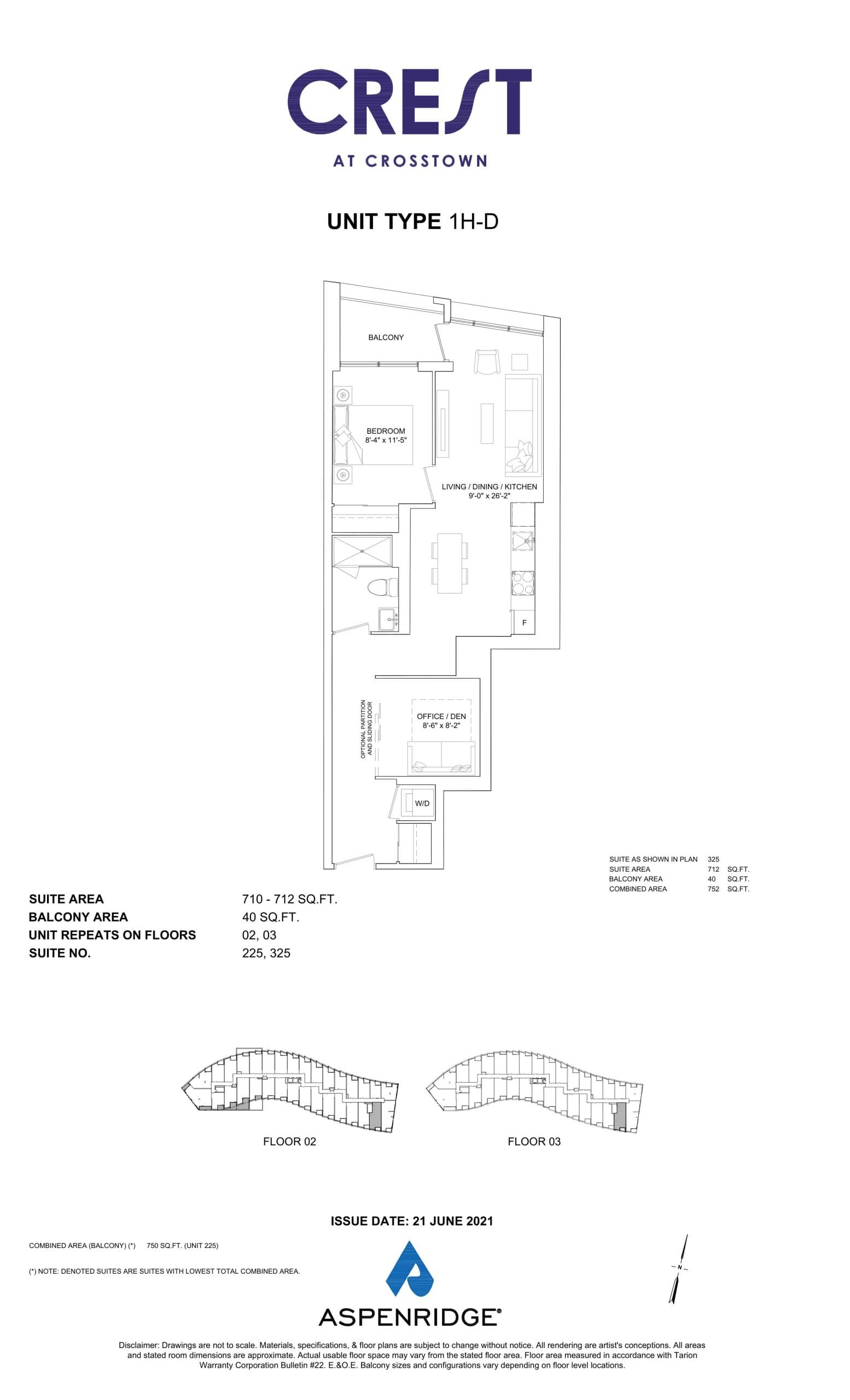 1H-D Floor Plan at Crest at Crosstown Condos - 712 sq.ft