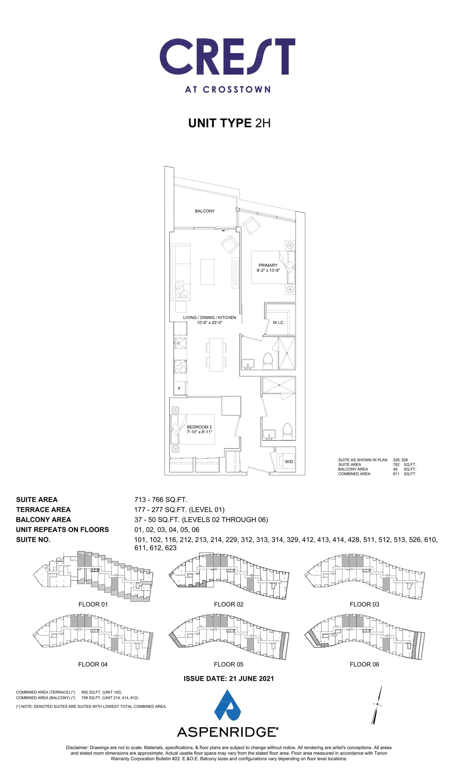 2H Floor Plan at Crest at Crosstown Condos - 766 sq.ft