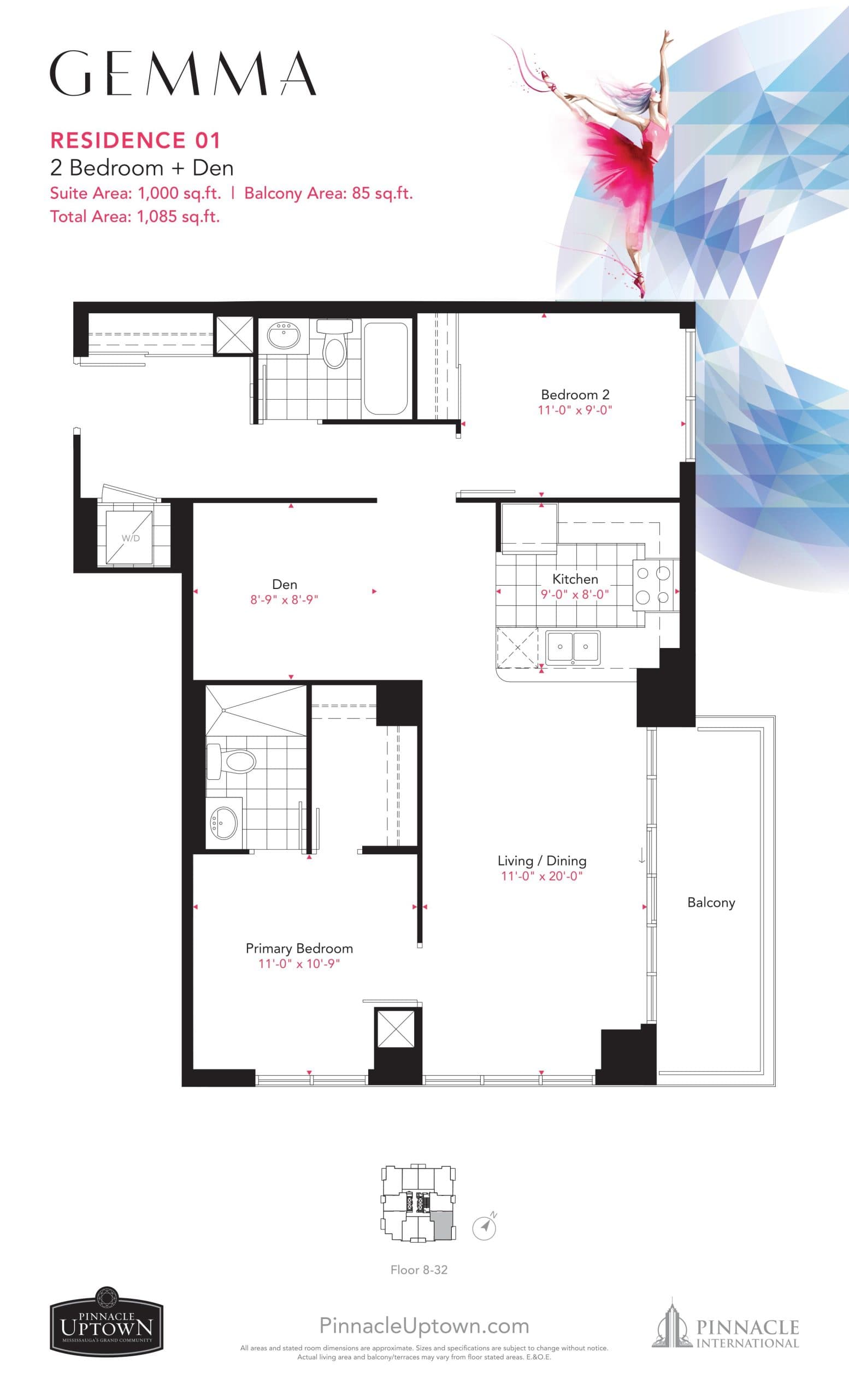 Residence 01 Floor Plan at Gemma Condos - 1000 sq.ft