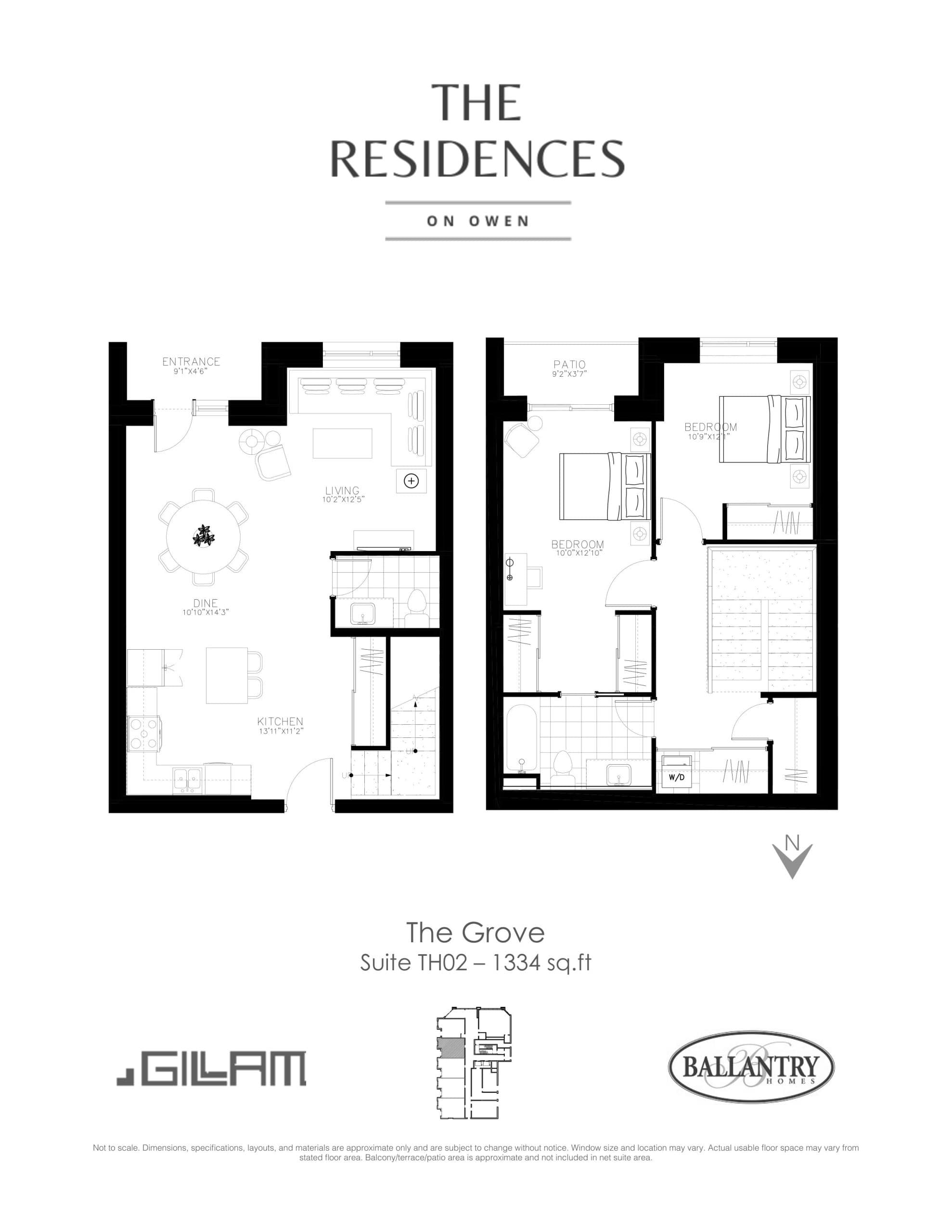 The Grove - TH02 Floor Plan at The Residences on Owen Condos - 1334 sq.ft