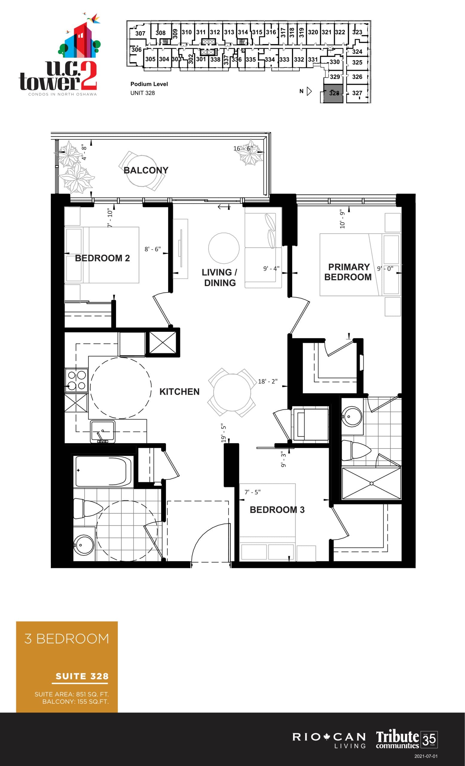 Suite 328 Floor Plan at U.C. Tower 2 Condos - 851 sq.ft