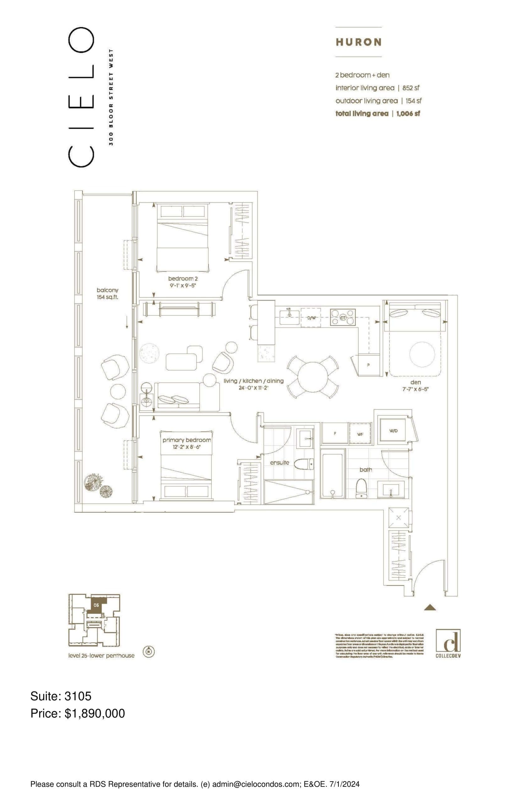 Huron (G-09) Floor Plan at Cielo Condos - 852 sq.ft