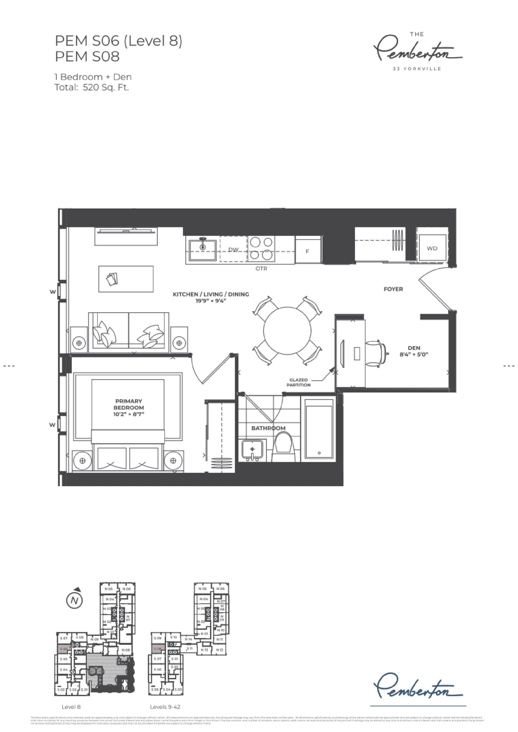 PEM S06 & PEM S08 Floor Plan at The Pemberton at 33 Yorkville Condos - 520 sq.ft