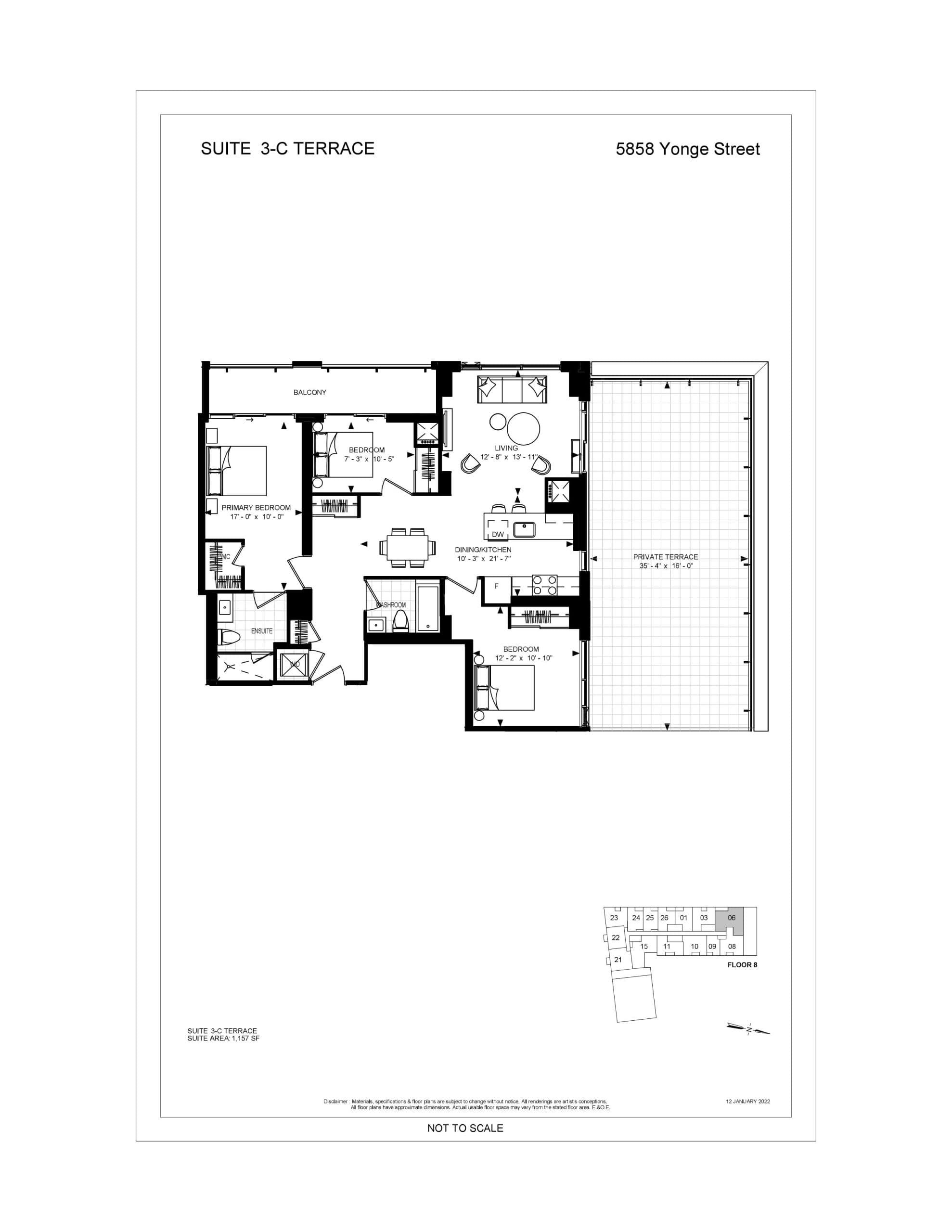 Suite 3-C Terrace Floor Plan at Plaza on Yonge Condos - 1157 sq.ft
