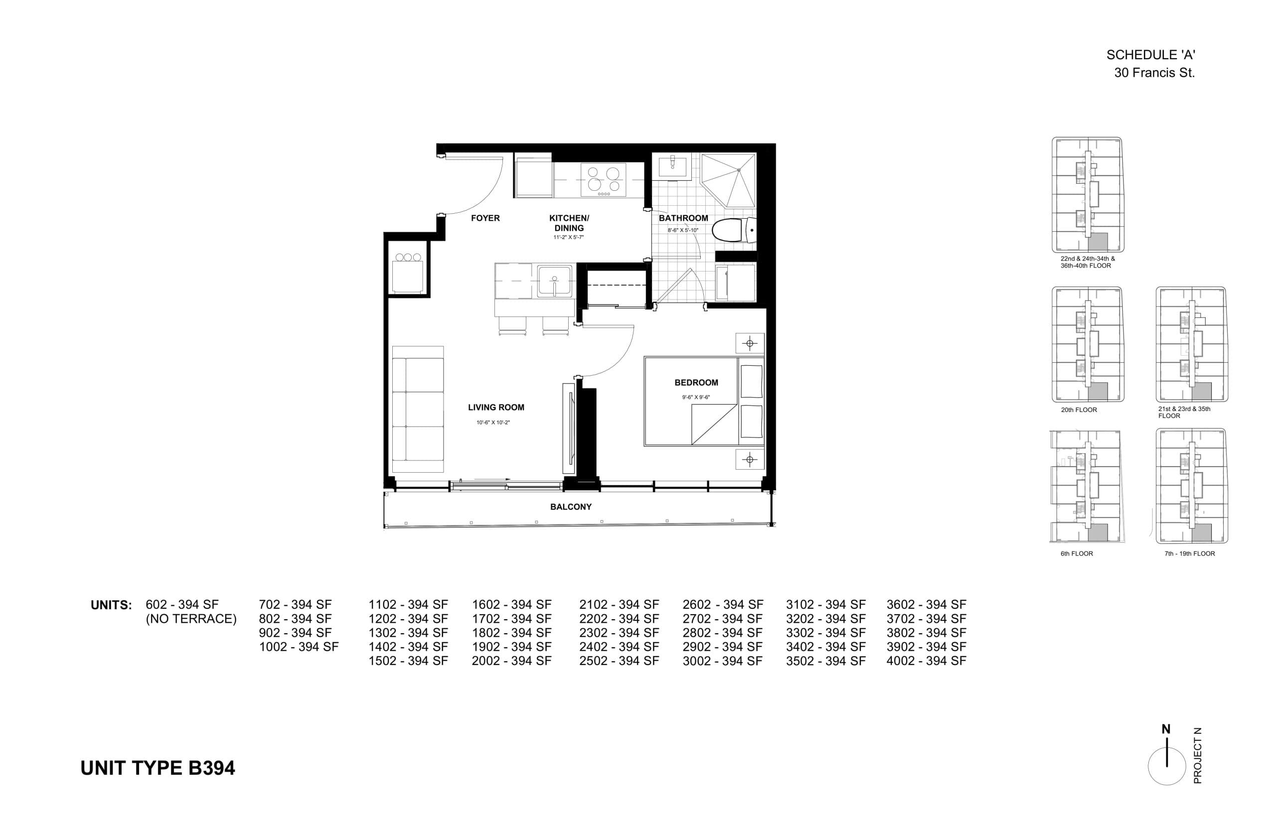 B394 Floor Plan at TEK Tower Kitchener Condos - 394 sq.ft