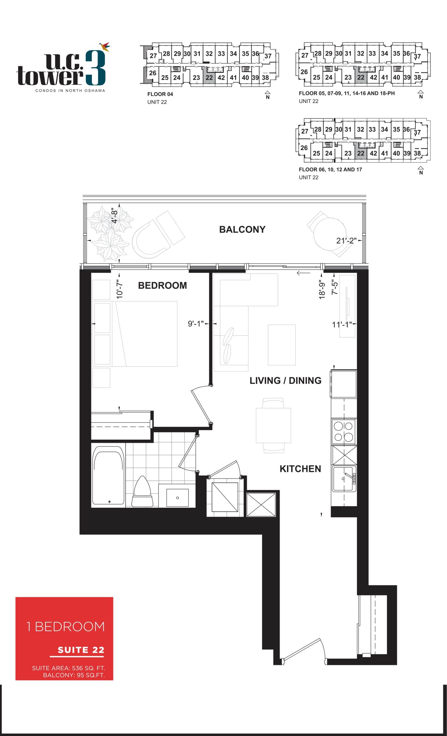 Suite 22 Floor Plan at U.C. Tower 3 Condos - 536 sq.ft