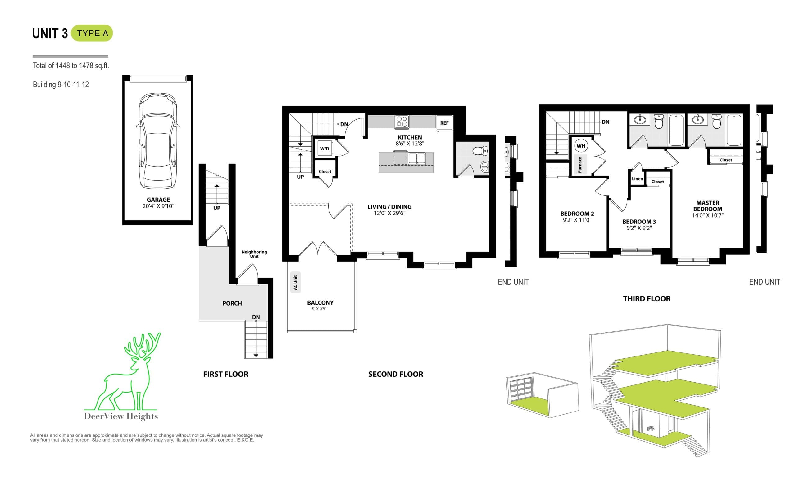 Unit 3 Type A Floor Plan at DeerView Heights Towns - 1448 sq.ft
