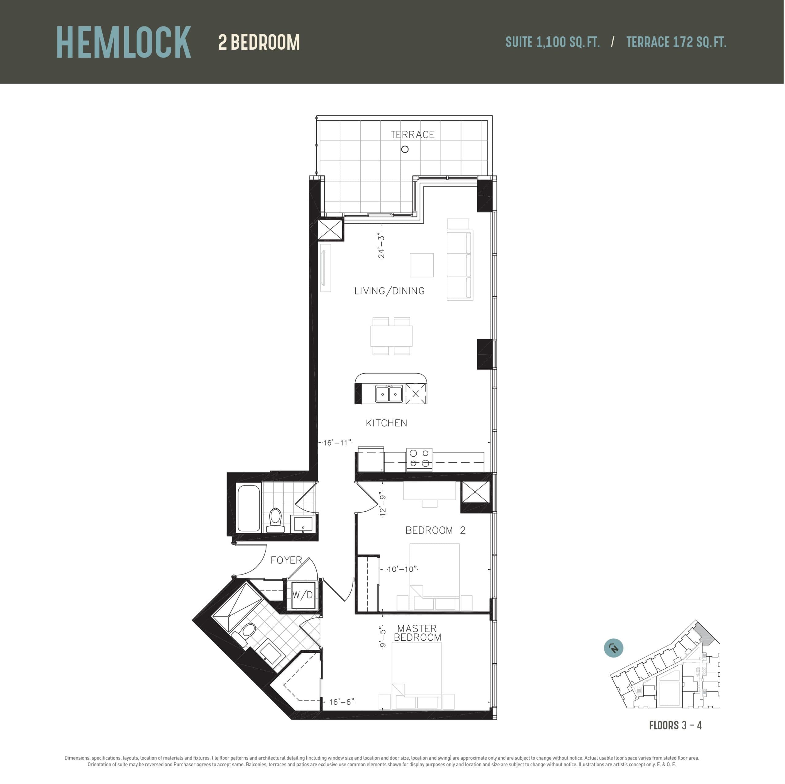 Hemlock Floor Plan at Oak & Co. Condos - 1100 sq.ft