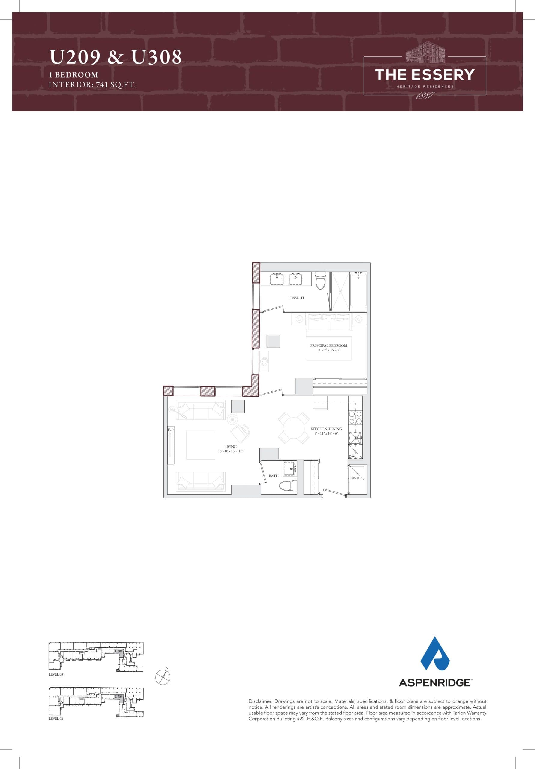 U209 & U308 Floor Plan at The Essery Condos - 741 sq.ft