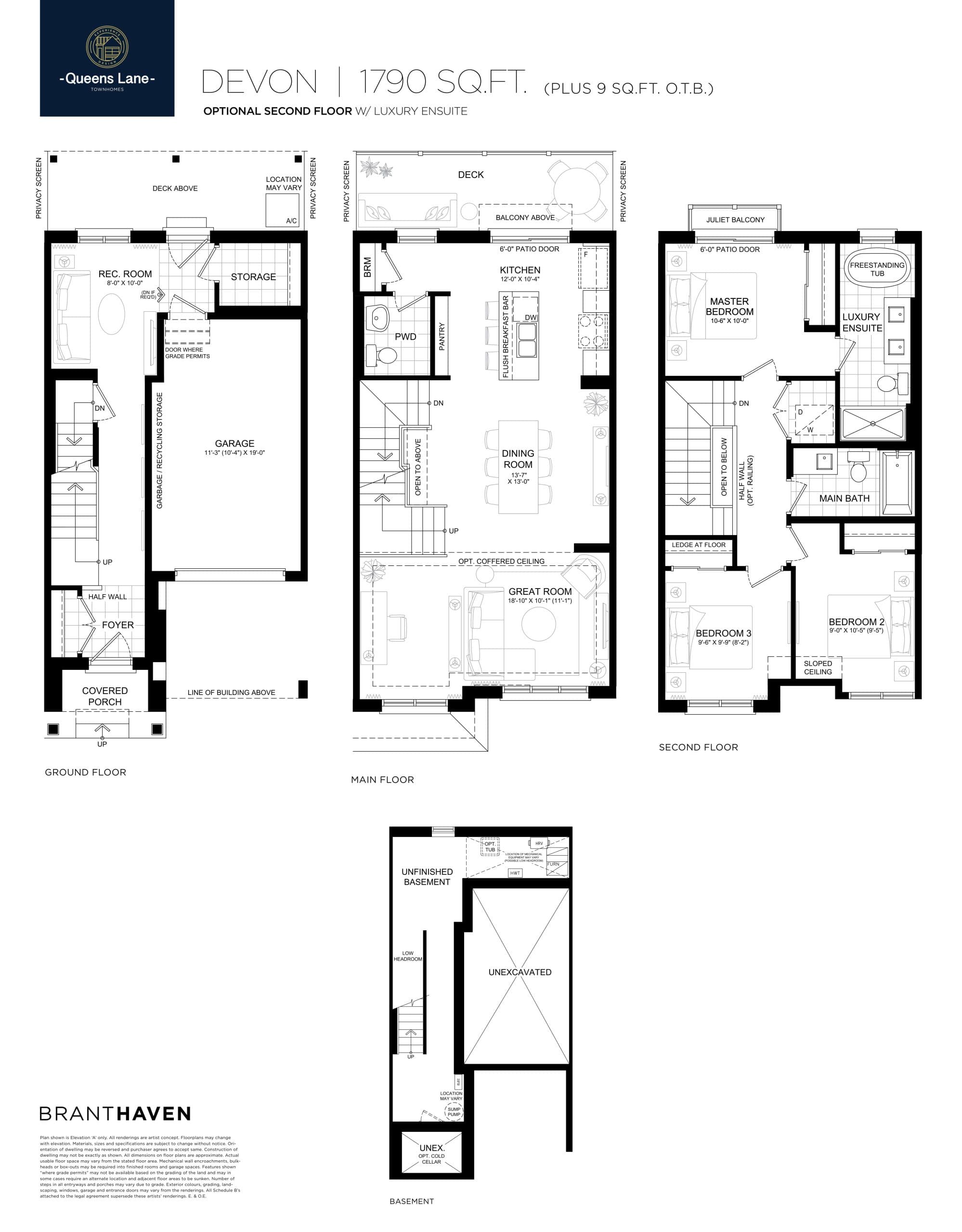 Devon (Optional 2nd Floor) Floor Plan at Queens Lane Towns - 1790 sq.ft
