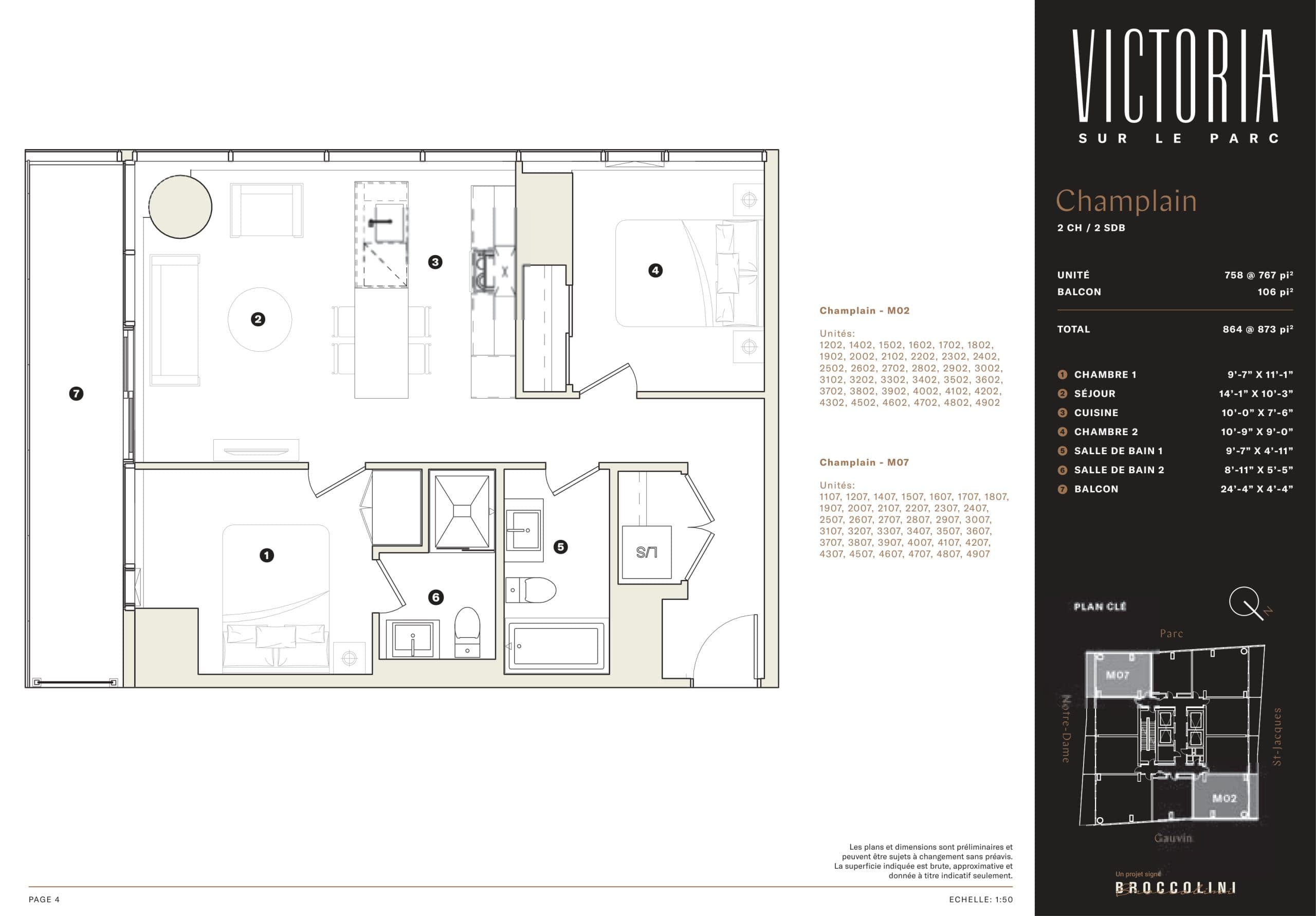 Champlain Floor Plan at Victoria sur le parc Condos - 758 sq.ft