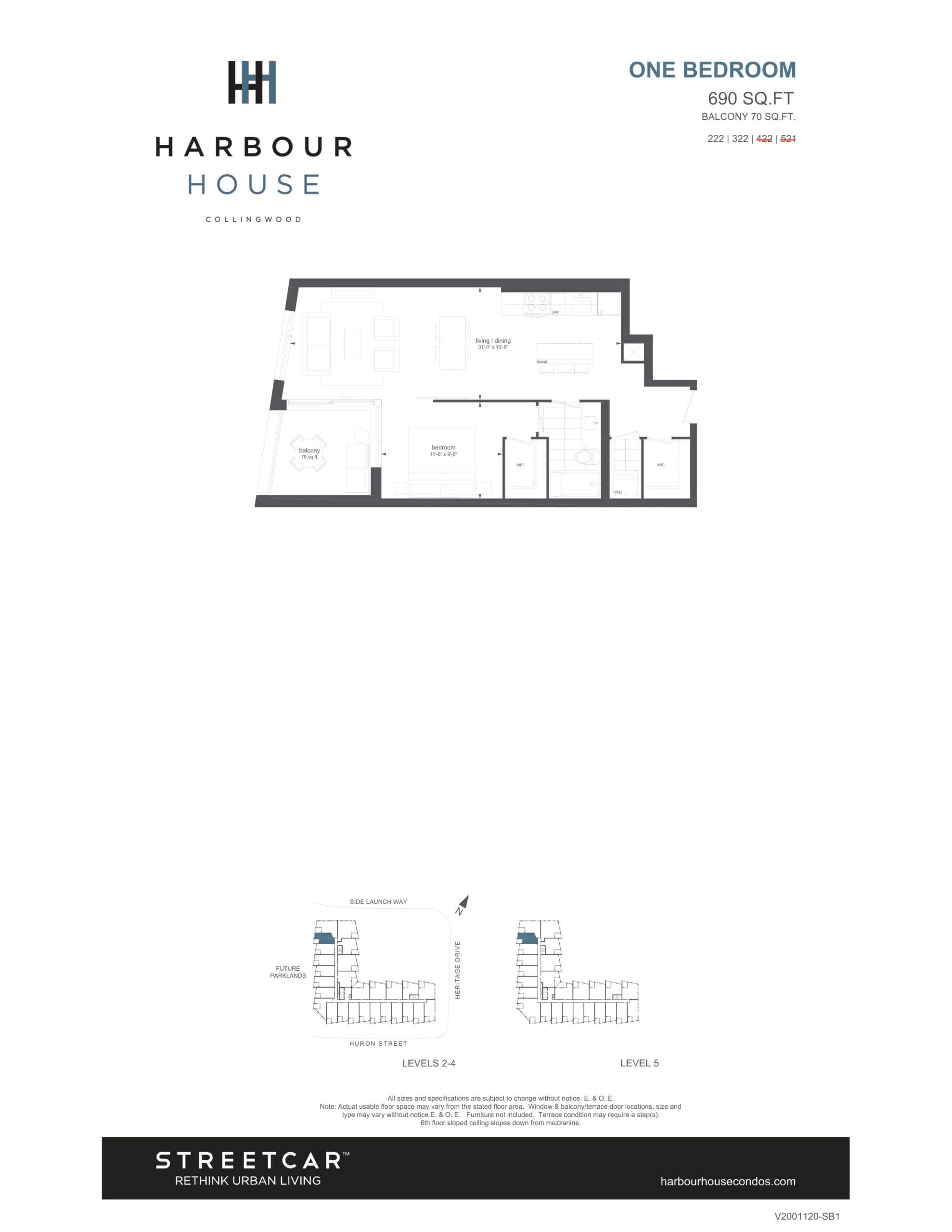 222 | 322 Floor Plan at Harbour House Condos - 690 sq.ft