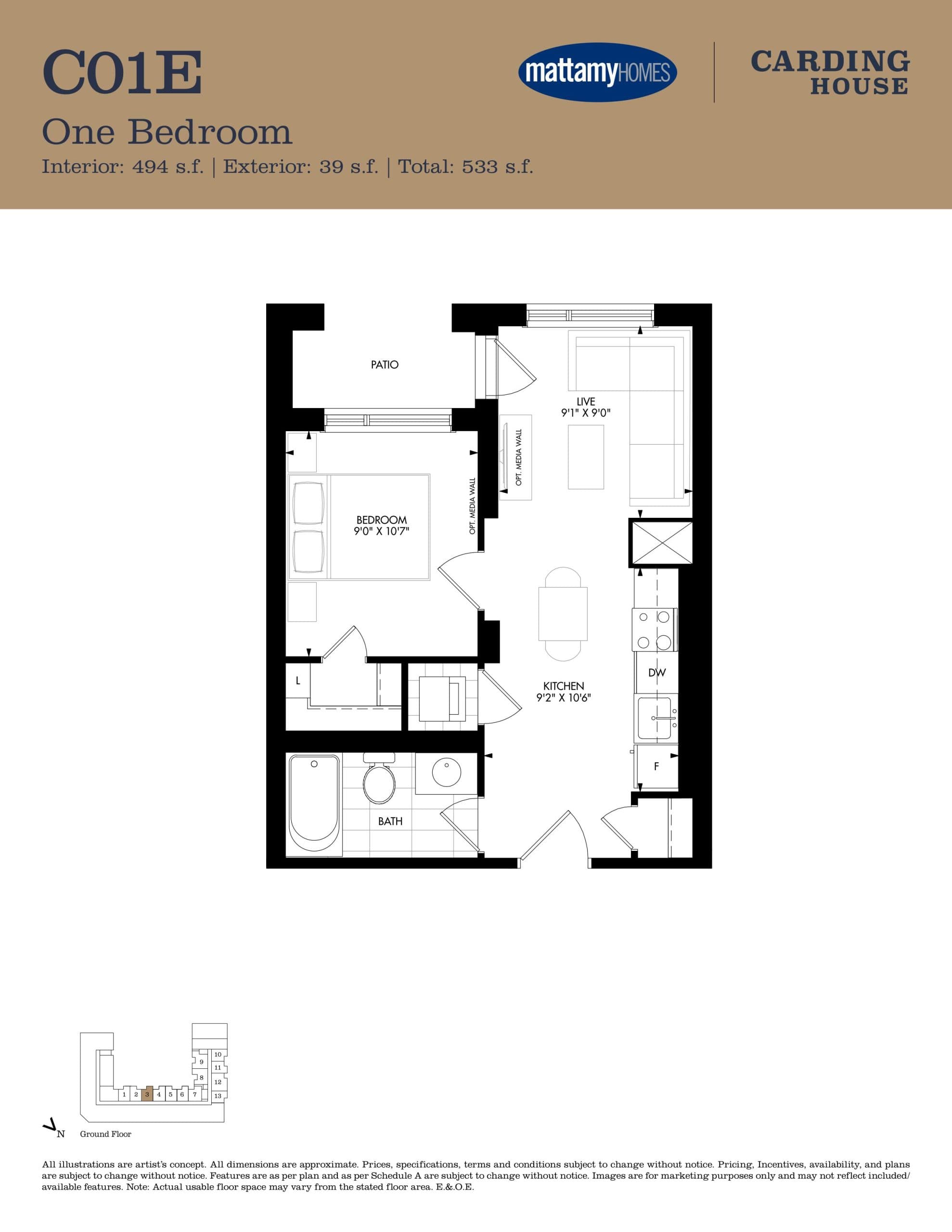 C01E Floor Plan at Carding House Condos - 494 sq.ft