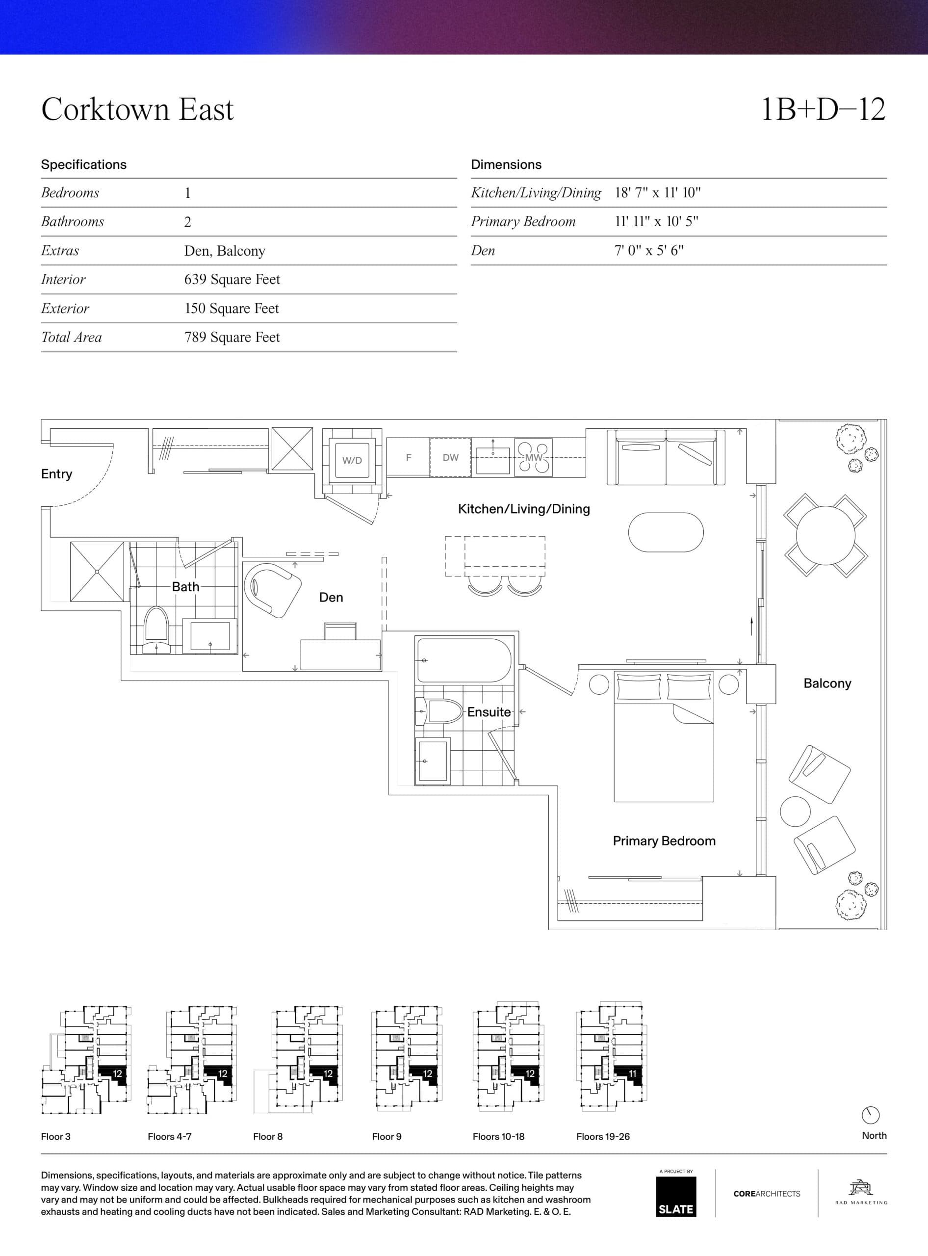 1B+D-12 Floor Plan at Corktown Condos - 639 sq.ft