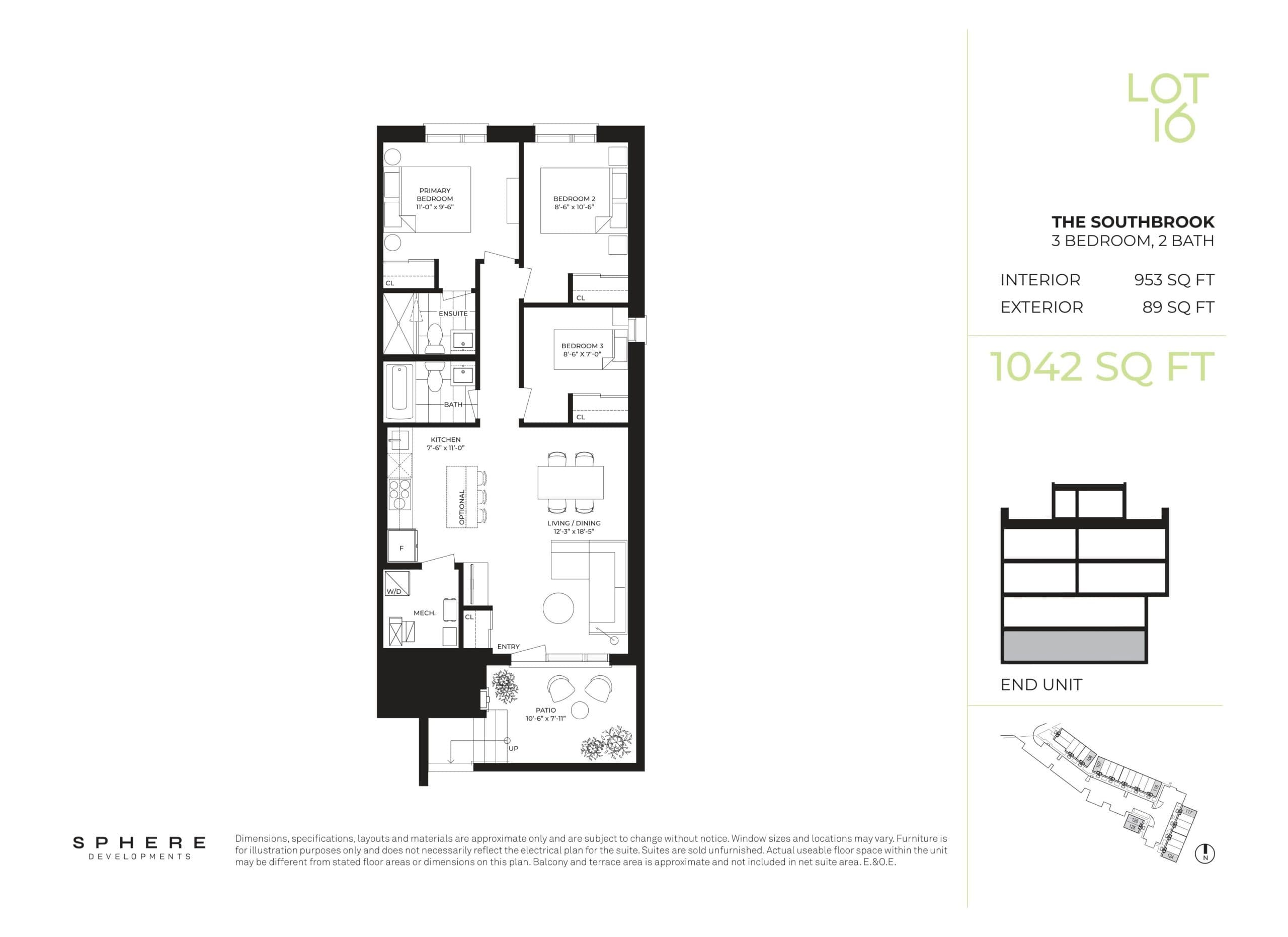The Southbrook Floor Plan at Lot 16 Towns - 953 sq.ft