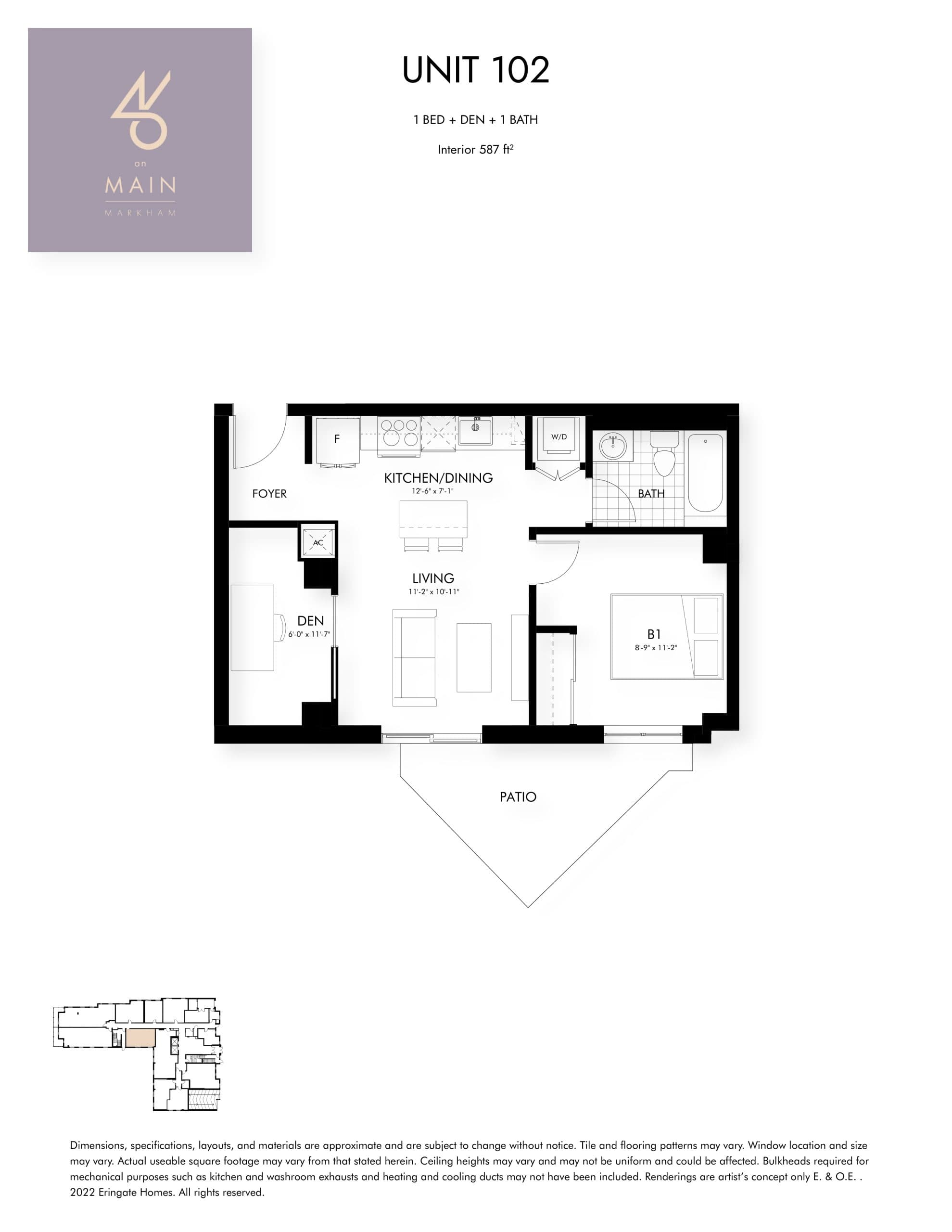 Unit 102 Floor Plan at 46 On Main Condos - 587 sq.ft