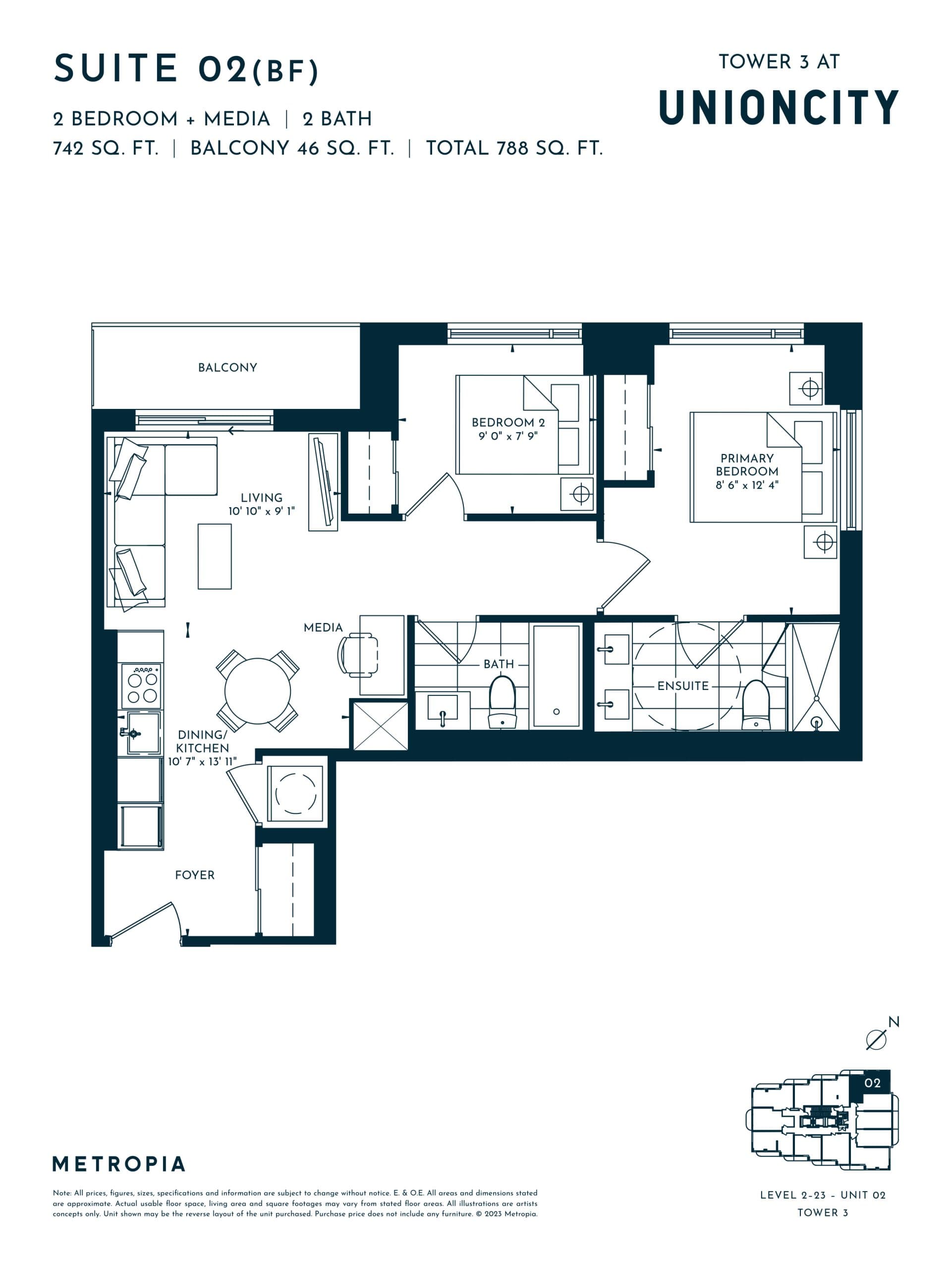 Suite 02 (BF) Floor Plan at UnionCity Tower 3 Condos - 742 sq.ft