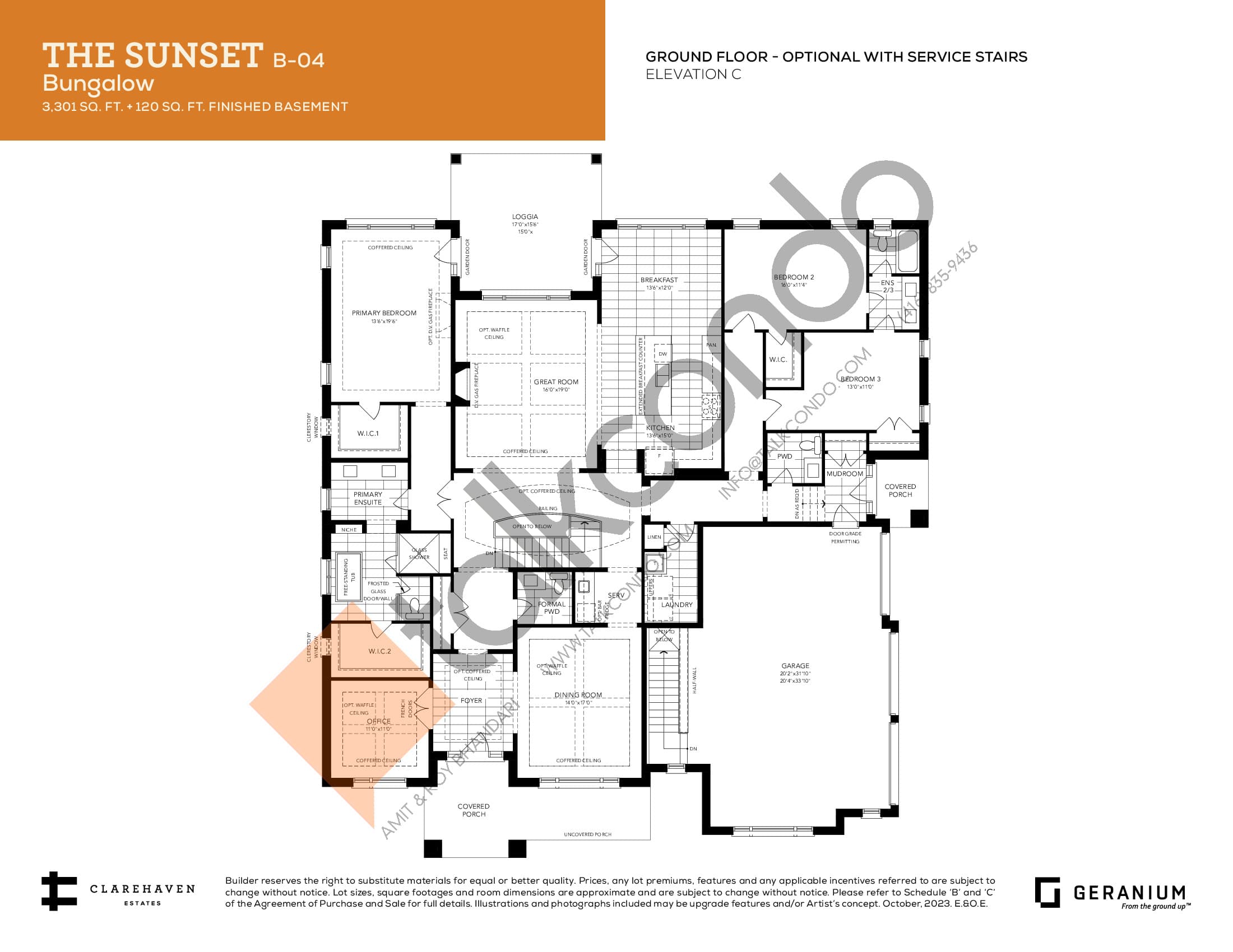 The Sunset - Elevation C (Ground Floor with Service Stairs Opt.) Floor Plan at Clarehaven Estates - 3301 sq.ft