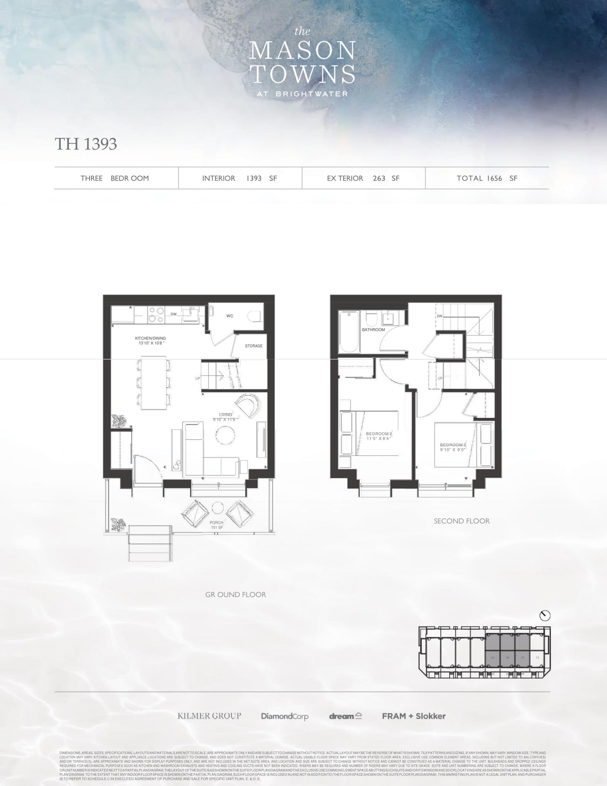 TH 1393 (Ground - 2nd Floor) Floor Plan at The Mason at Brightwater Condos - 1393 sq.ft