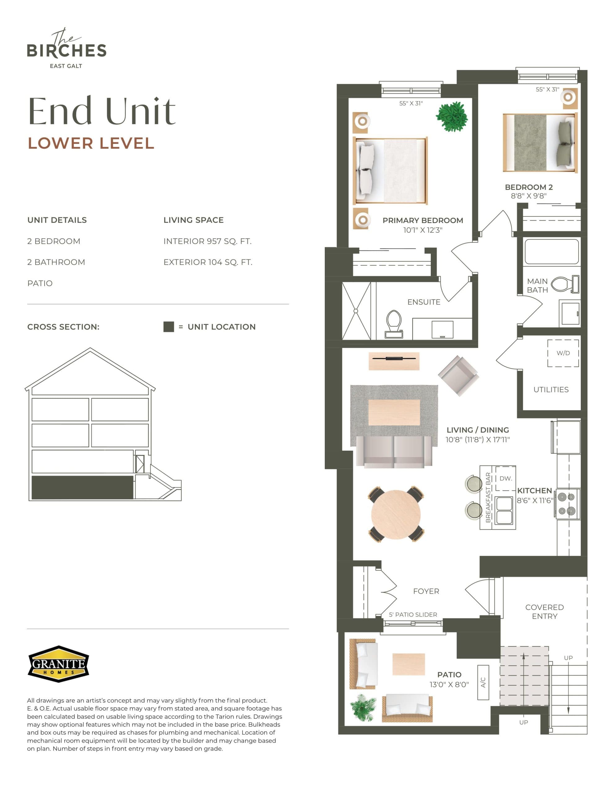 End Unit (Lower Level) Floor Plan at The Birches Towns - 957 sq.ft
