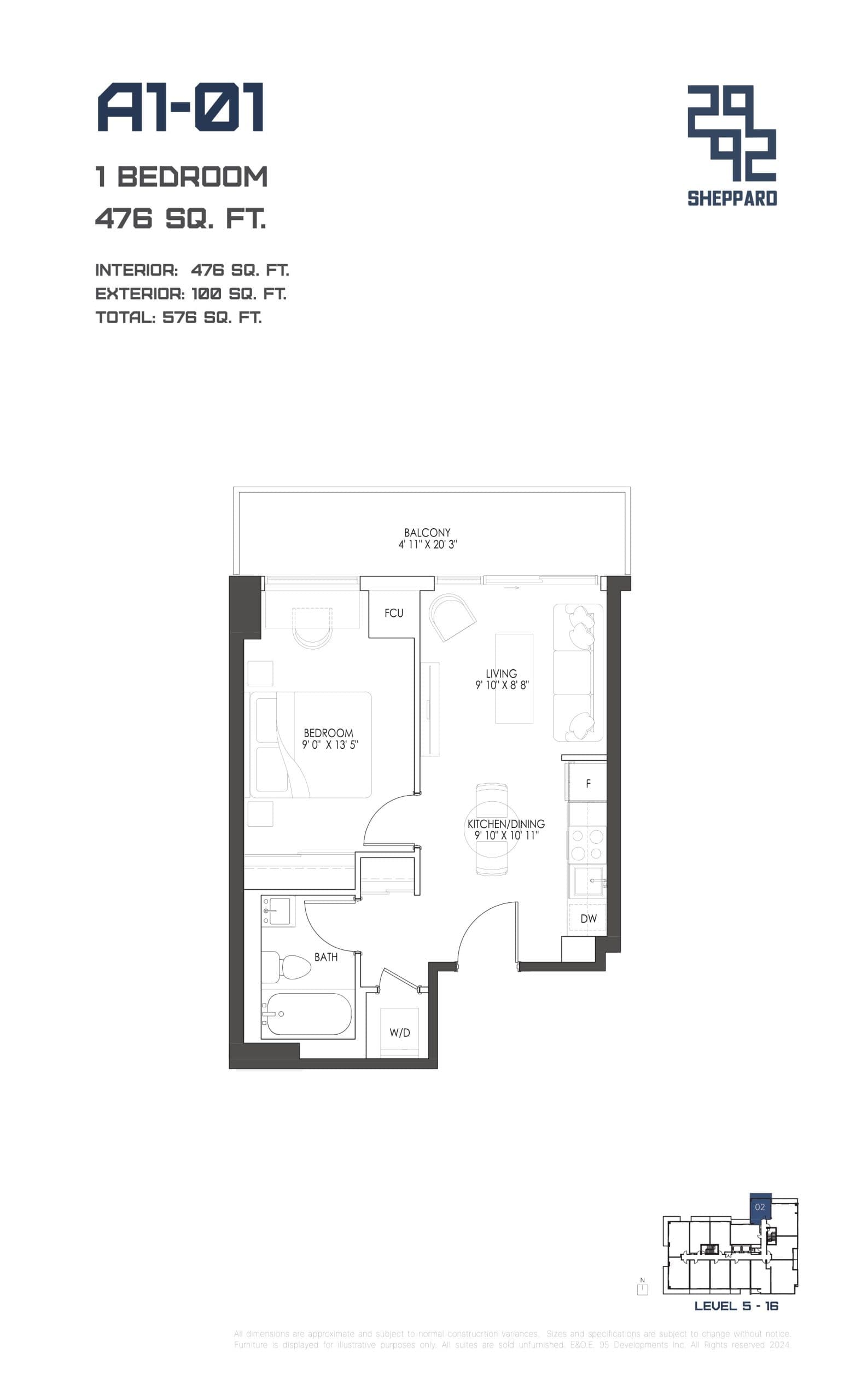 A1-01 Floor Plan at 2992 Sheppard Avenue East Condos - 476 sq.ft