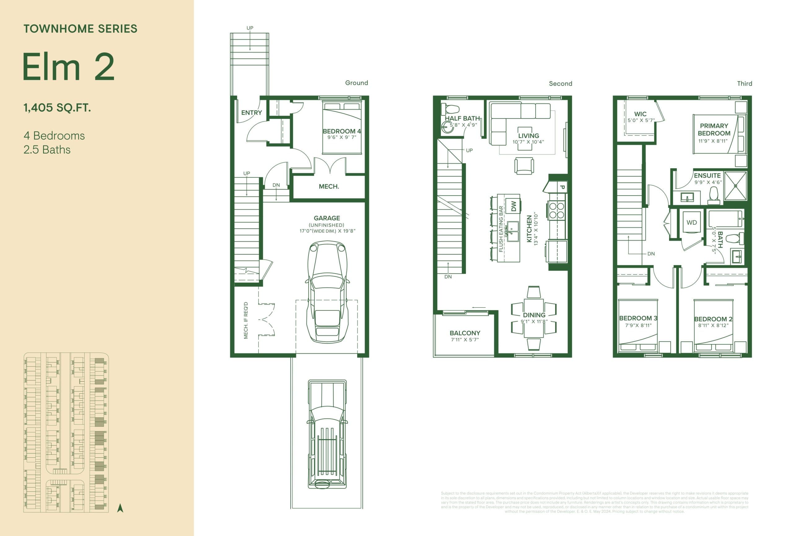 Elm 2 Floor Plan at The Grove Townhomes at Wildflower - 1405 sq.ft