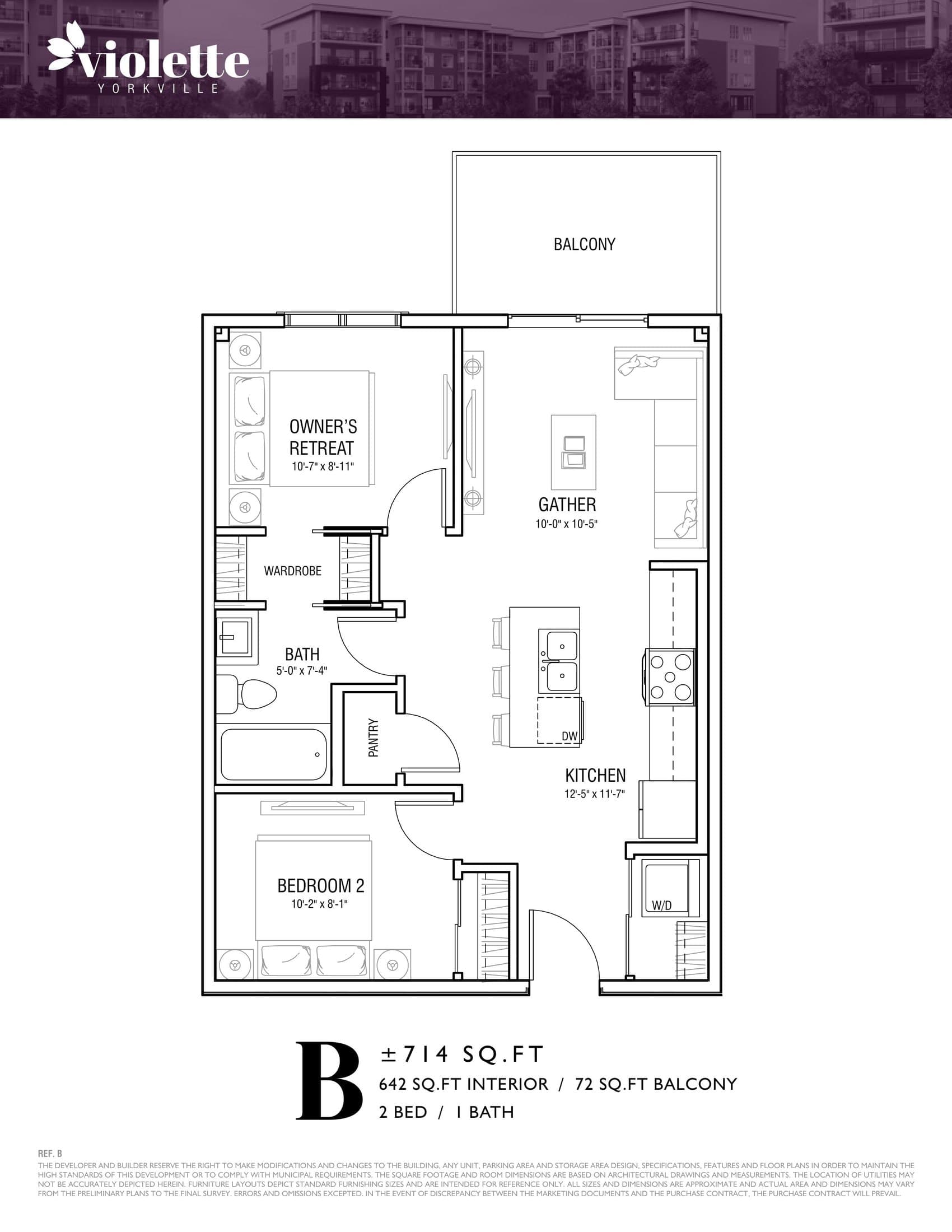 B Floor Plan at Violette Yorkville Condos - 642 sq.ft
