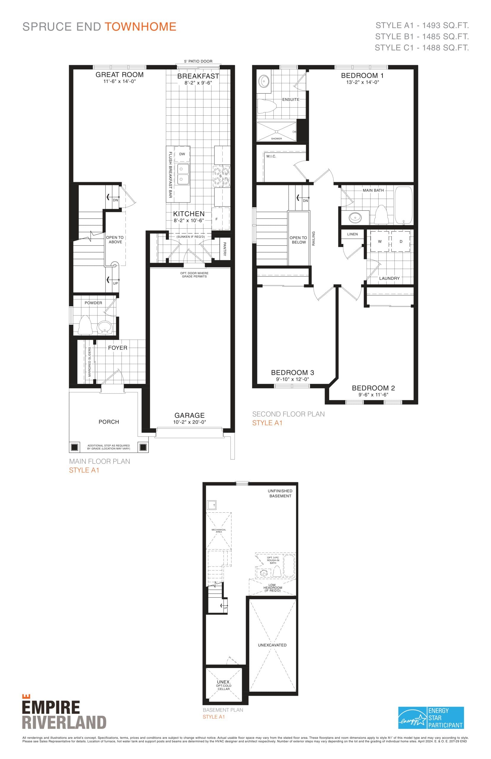 Spruce End (20' Towns) Floor Plan at Empire Riverland Homes - 1493 sq.ft