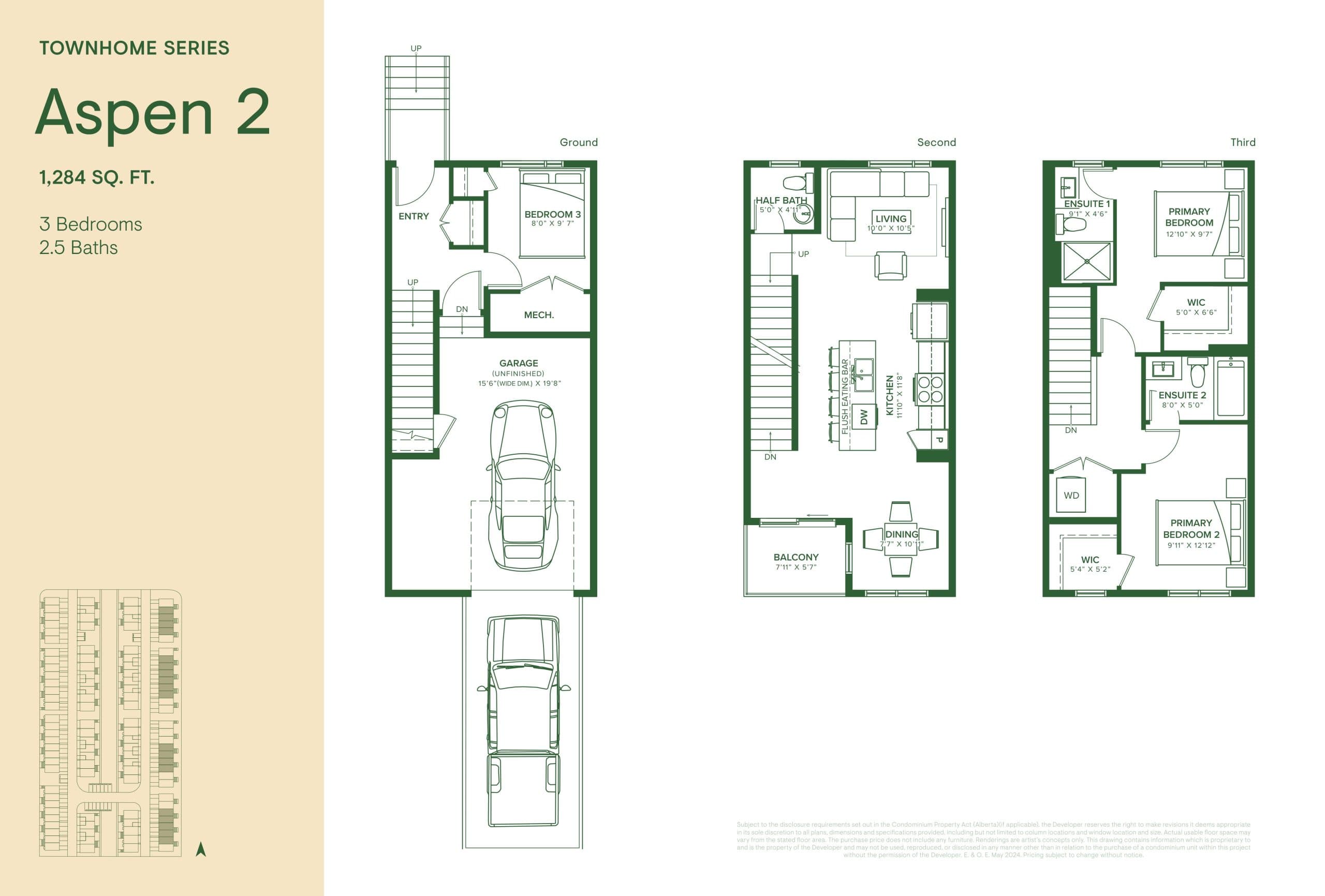 Aspen 2 Floor Plan at The Grove Townhomes at Wildflower Phase 2 - 1284 sq.ft