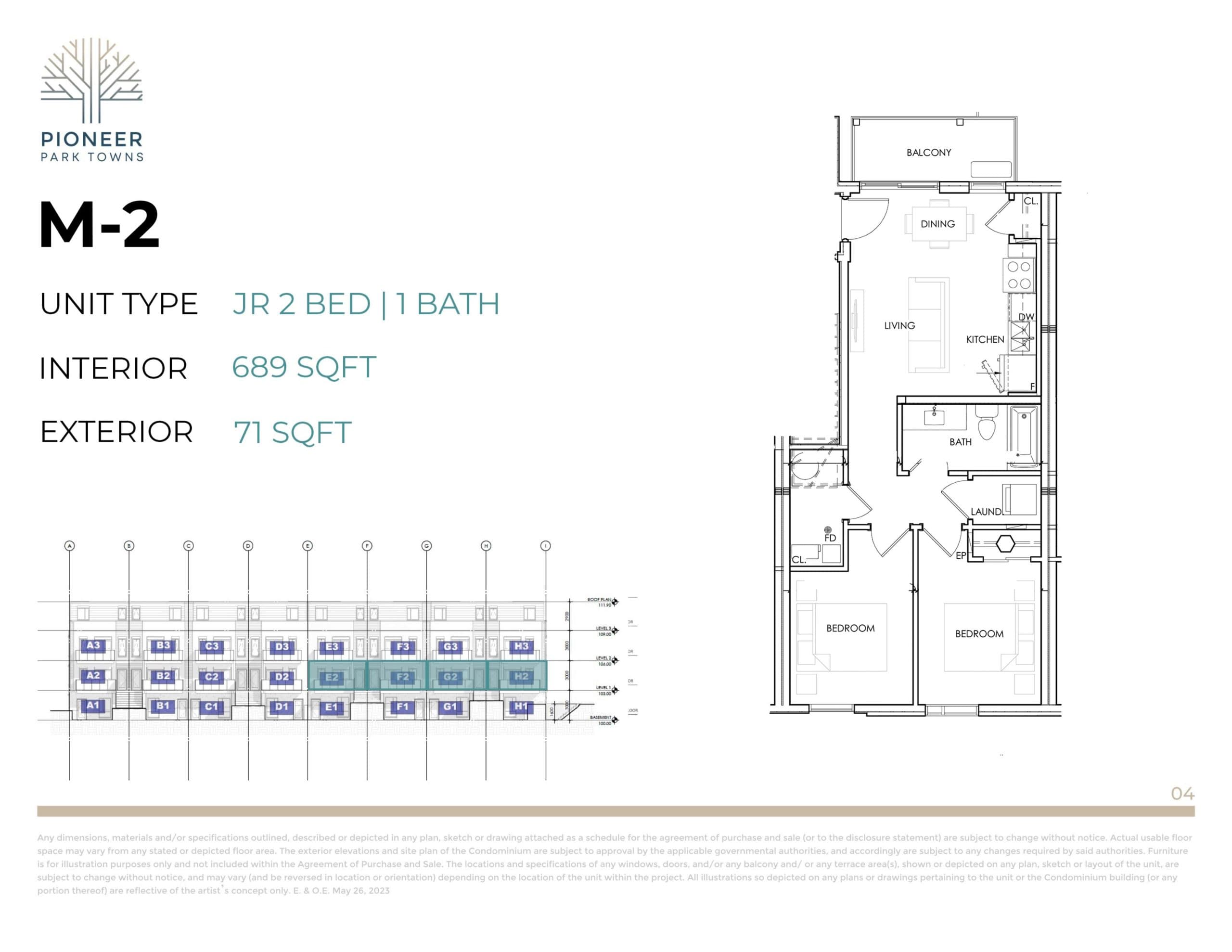 M-2 Floor Plan at Pioneer Park Towns - 689 sq.ft