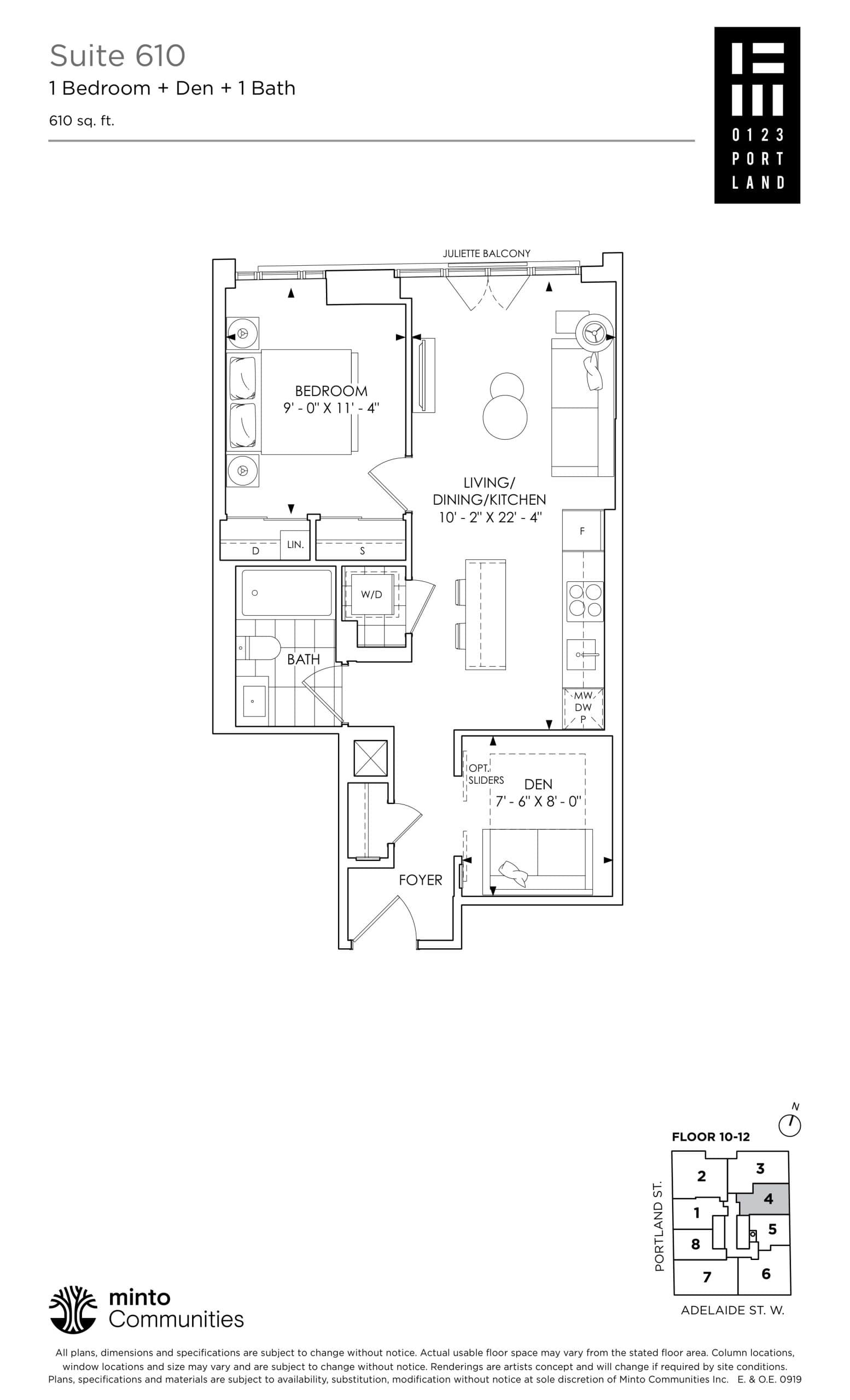 Suite 610 Floor Plan at 123 Portland Condos - 610 sq.ft