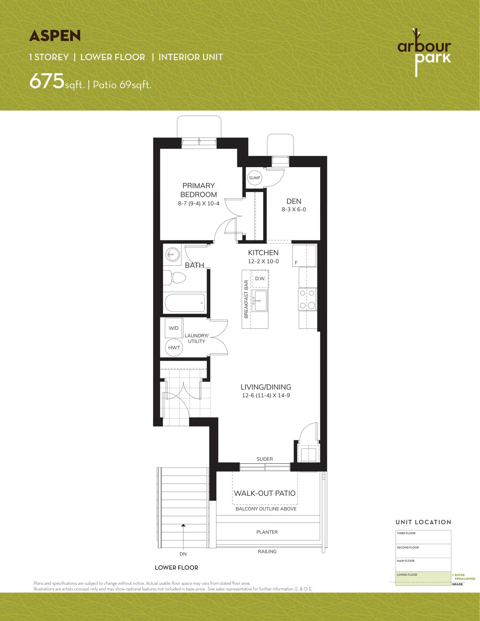 Aspen Floor Plan at Arbour Park Towns - 675 sq.ft