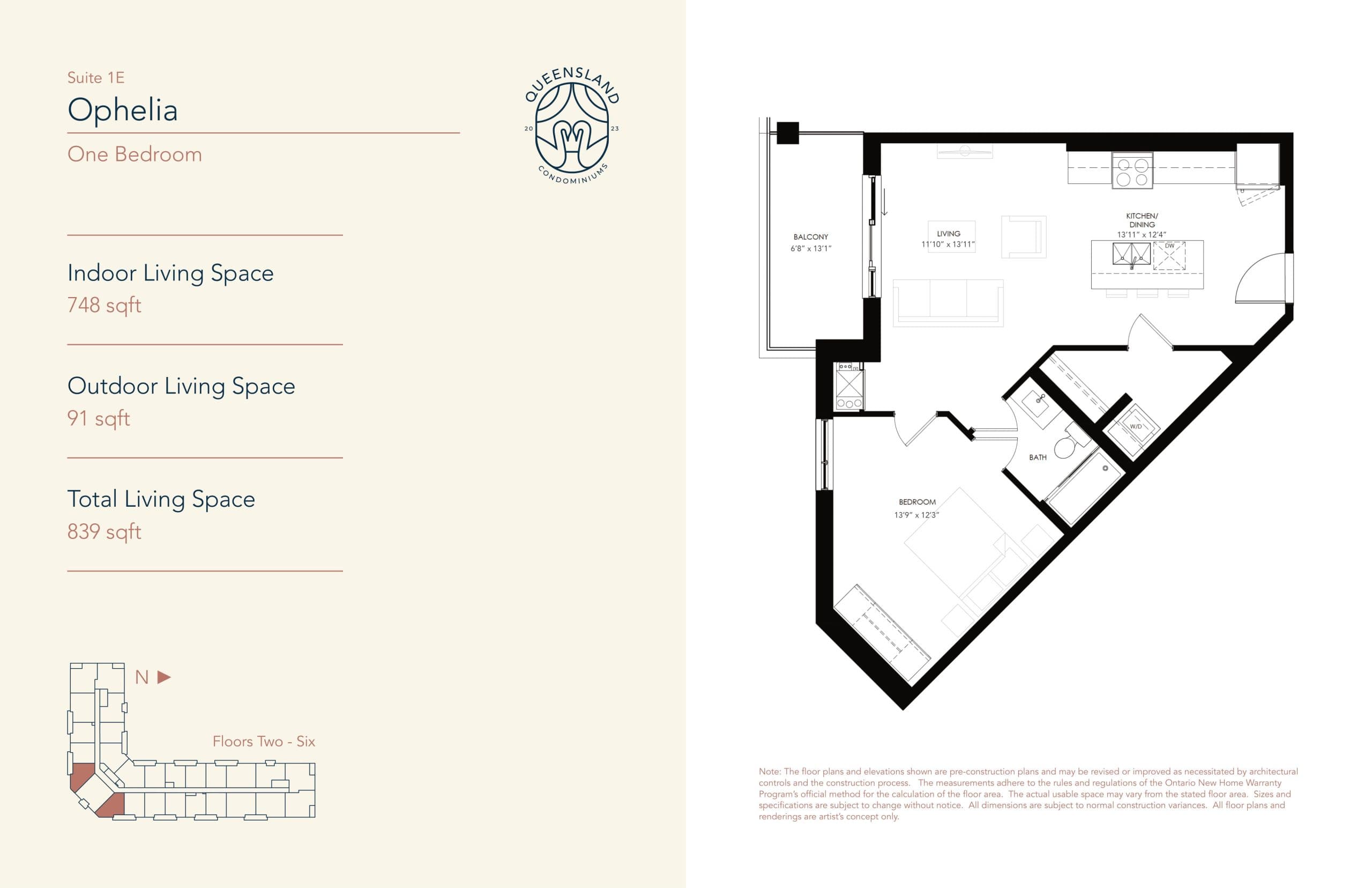 Ophelia - Suite 1E Floor Plan at Queensland Condos - 748 sq.ft