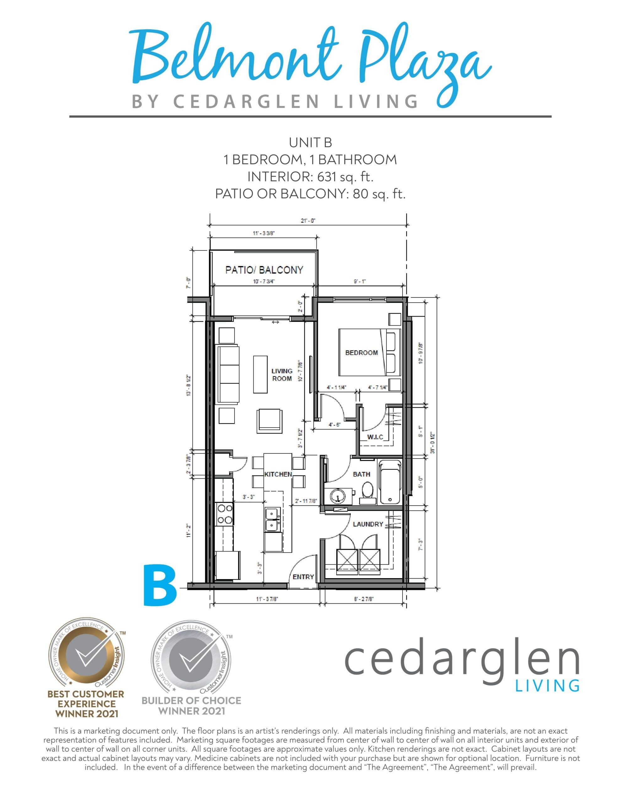 Unit B Floor Plan at Belmont Plaza by Cedarglen - 631 sq.ft