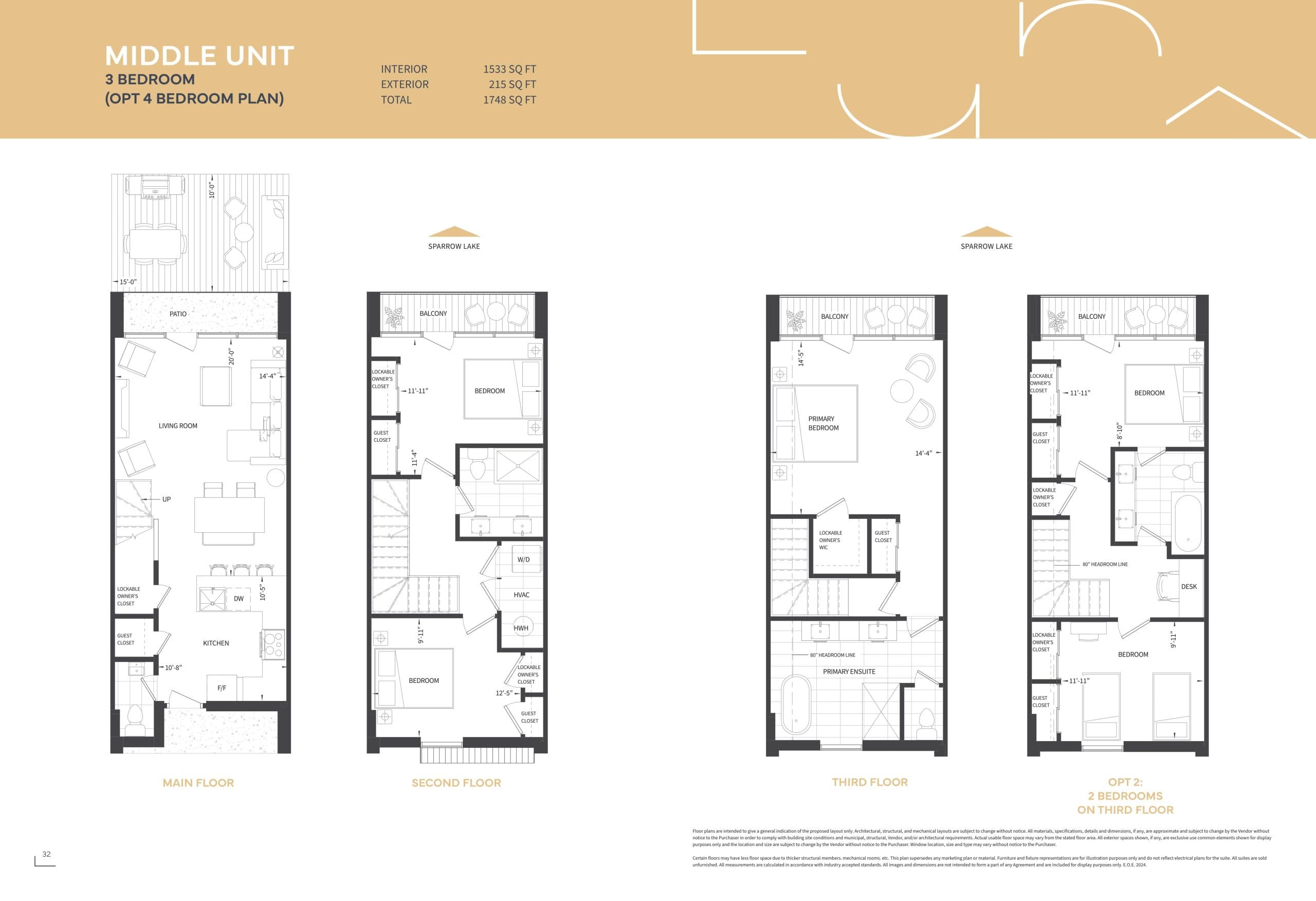 Middle Unit Floor Plan at Luna Bay Muskoka Lakeside Cottages - 1533 sq.ft