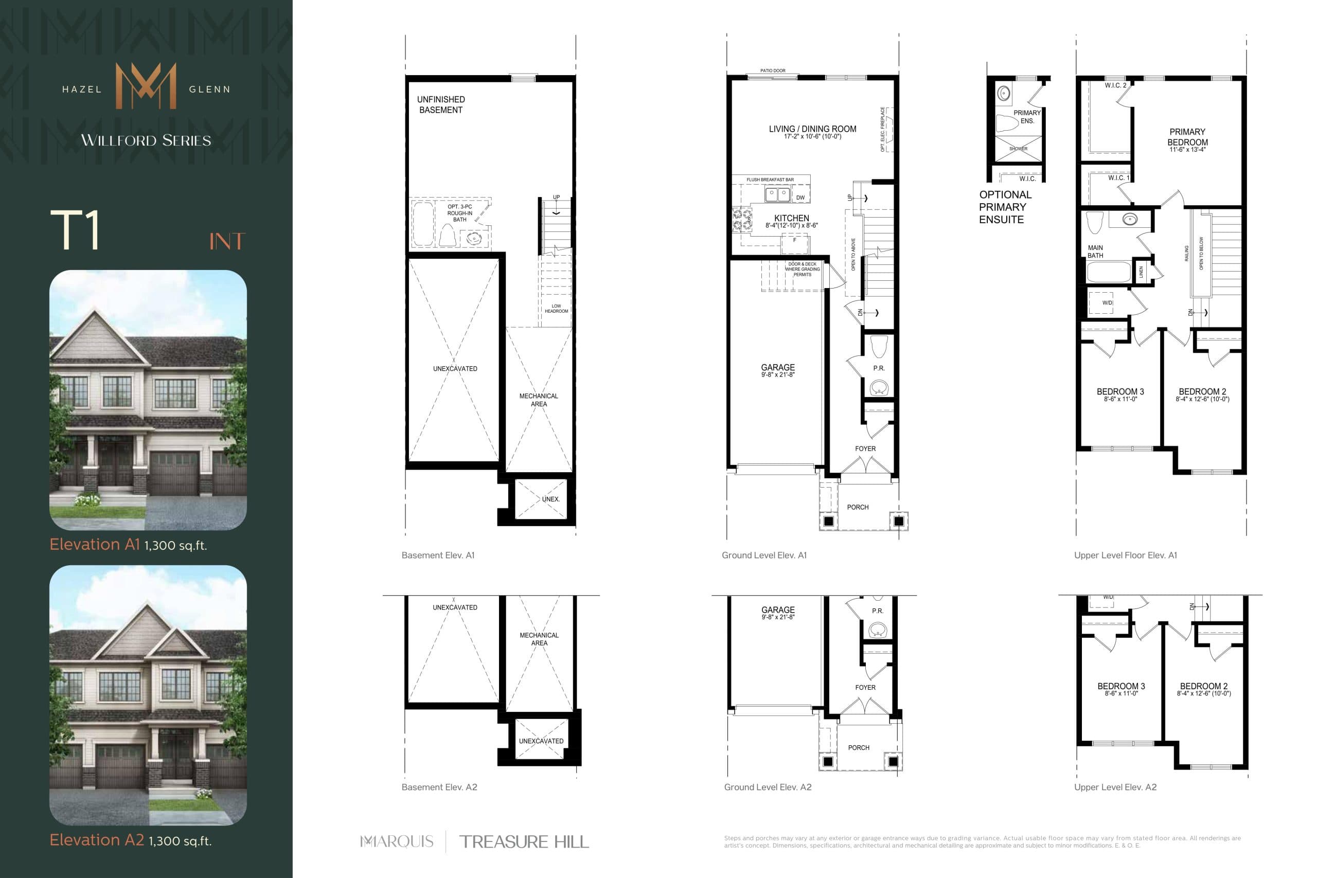 T1 Interior Floor Plan at Marquis Series at Hazel Glenn Towns - 1300 sq.ft