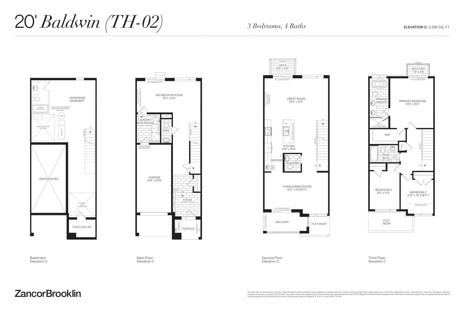 20' Baldwin Floor Plan at ZancorBrooklin Towns - 2286 sq.ft