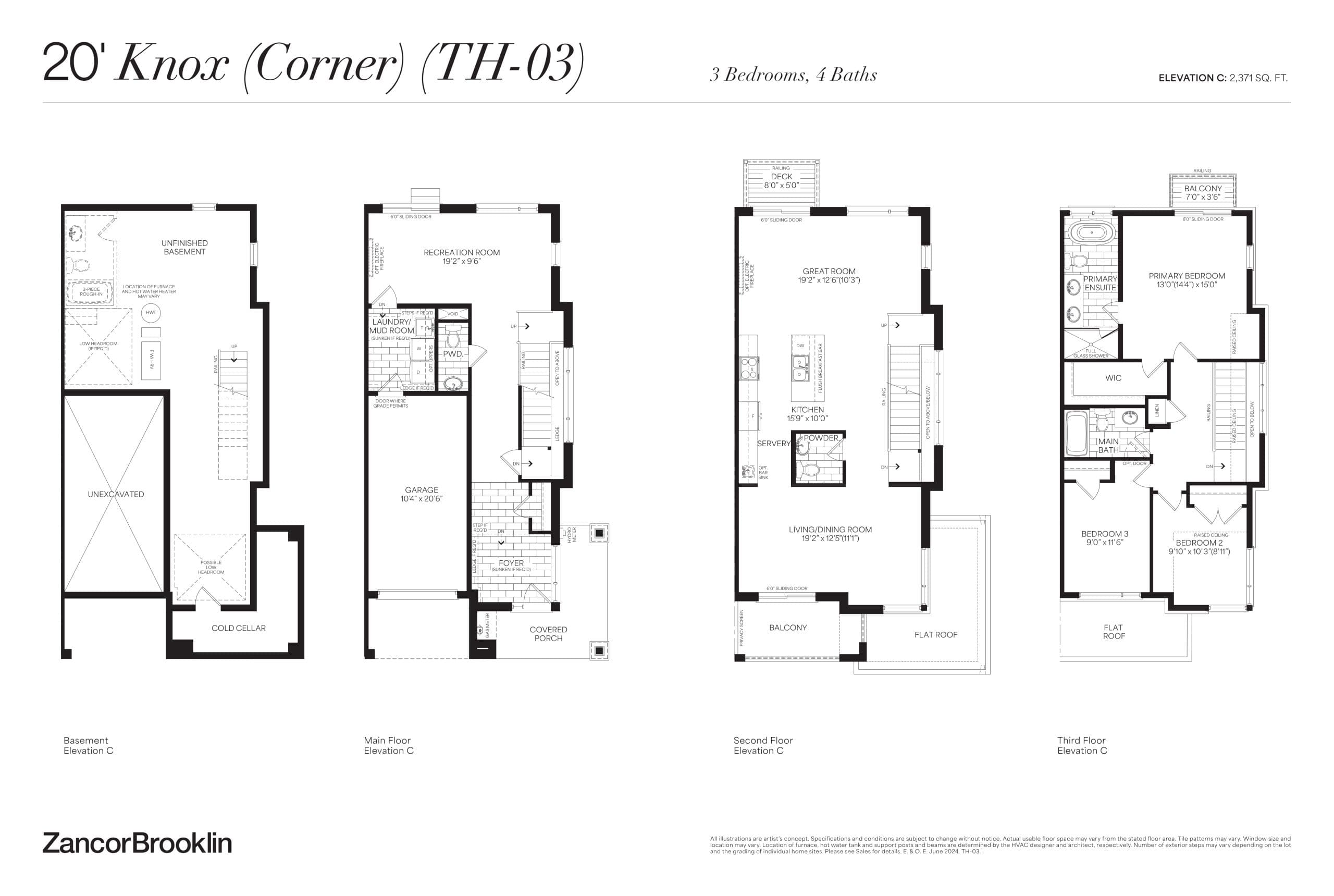 20' Knox (Corner) Floor Plan at ZancorBrooklin Towns - 2371 sq.ft